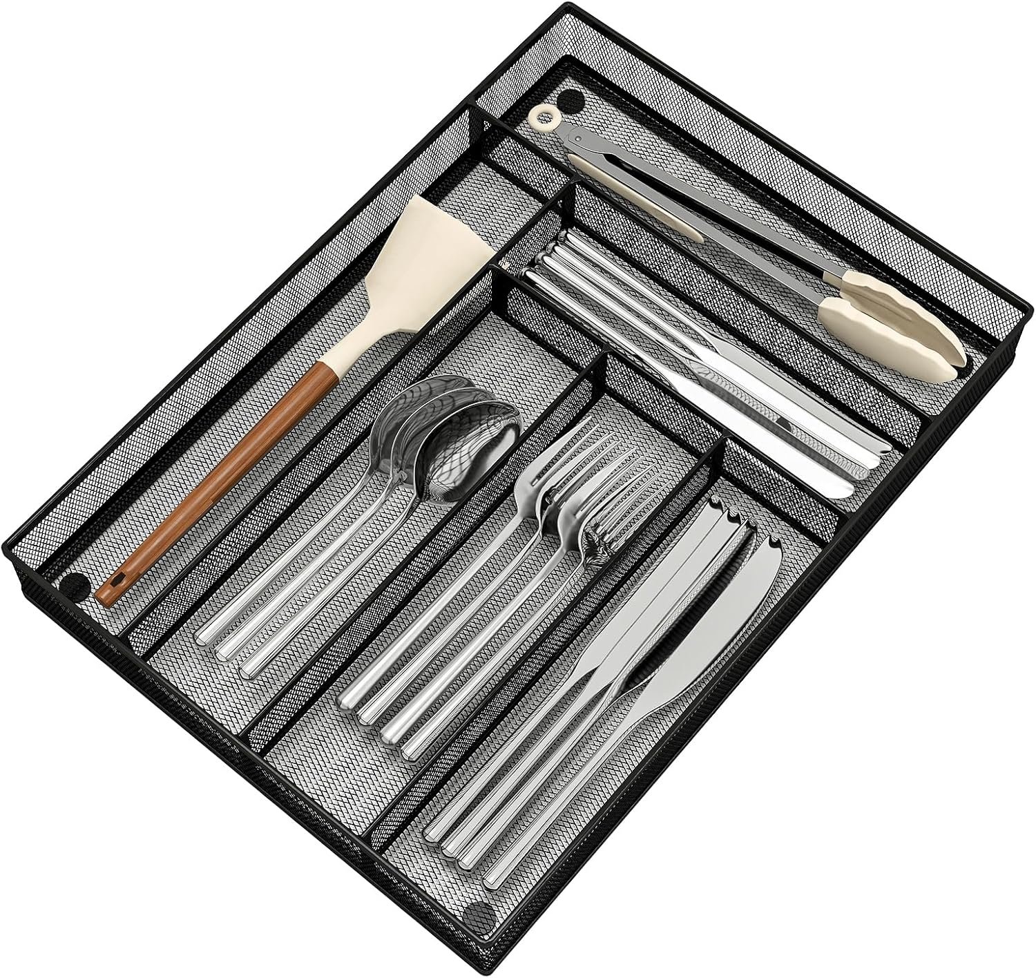 Sedegn mesh silverware tray for drawer: 6 Compartments for Easy Sorting | Sized at 11.3″ x 16″ for kitchen drawers with non-slip feet, metal mesh design for easy cleaning, organizing flatware Black