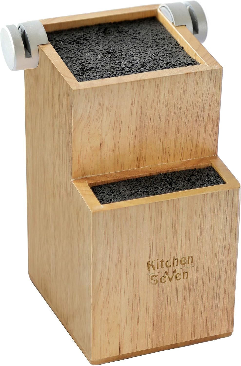 Bamboo Universal Knife Block – Knife Holder with 2 Built-In Knife Sharpeners – 2-Tiered Modern Knife Storage Up to 16 Large and Small Knives Easy Clean Wooden Knife Organizer by Kitchen Seven