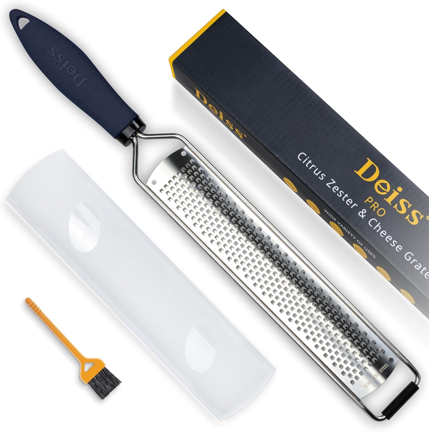 Deiss PRO Lemon Zester & Heavy Duty Cheese Grater & Vegetable Grater — Parmesan Cheese, Lemon, Garlic, Nutmeg, Chocolate, Fruits, Vegetables, Ginger Grater – Stainless Steel Cheese Shredder – Black