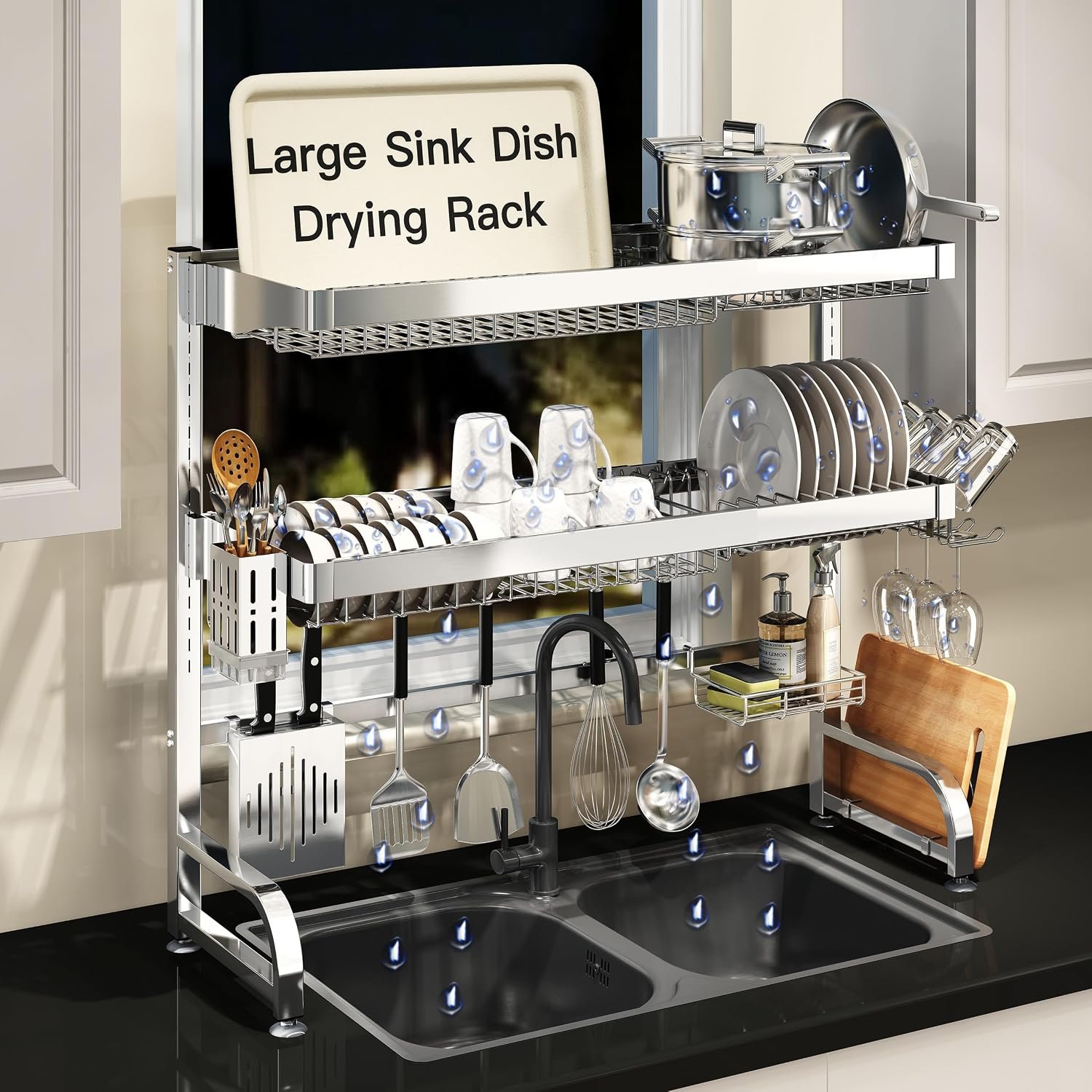 3 Tier Extra Large Stainless Steel Over The Sink Dish Drying Rack | Rust Proof Metal, Expandable Kitchen Sink Drainer, Counter Space Saving, Heavy Duty, Modern Silver, Multifunctional Storage