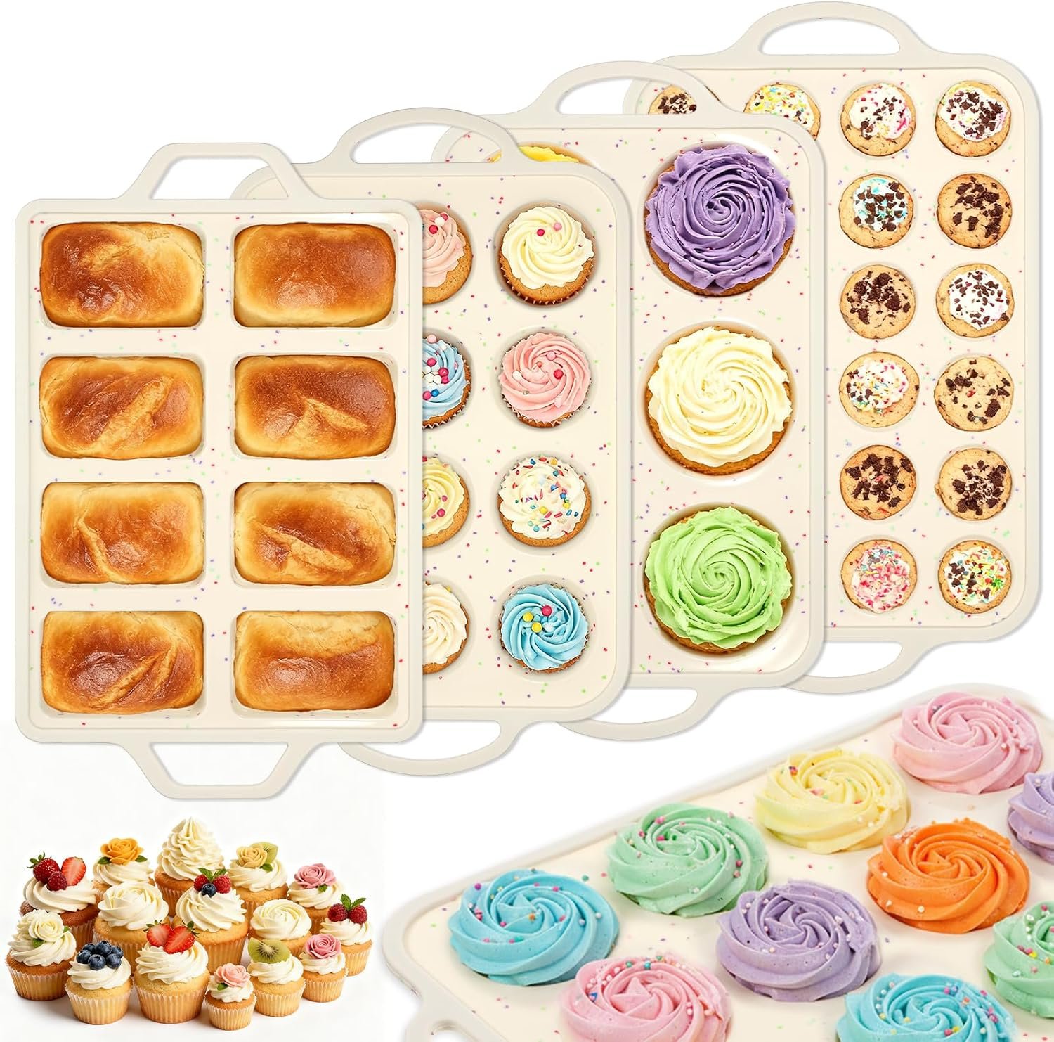 SHENLIU 4 Pcs Silicone Baking Pan Set, Mini Muffin Pan For Baking With Metal Reinforced Frame, Nonstick Loaf, Mini Muffin, Round Pans, Cupcake Baking Pans Molds for Oven, Dishwasher Safe Brownie Pan