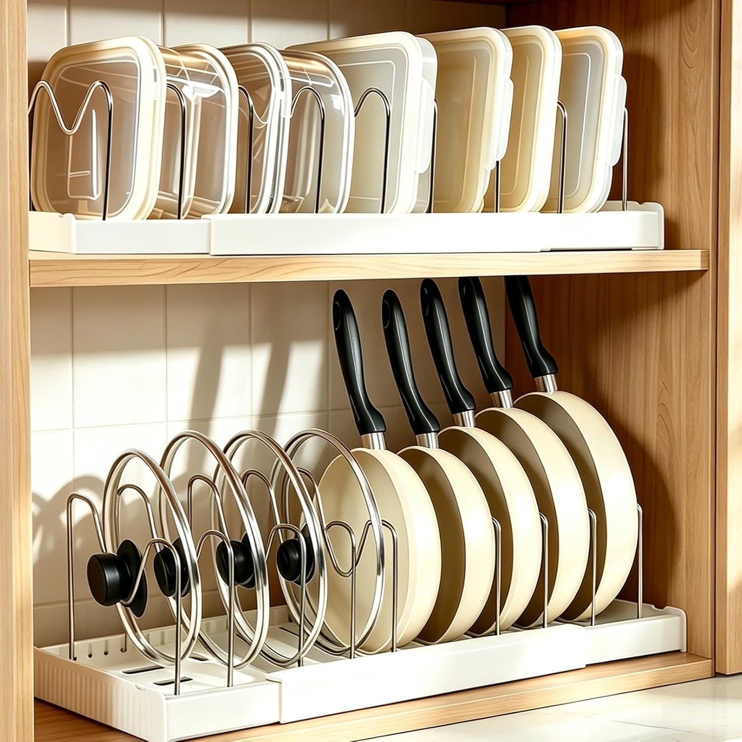 2 Pack Expandable Pots and Pans Organizer under Cabinet, Adjustable Pot Lid Organizer Rack with 9 Stainless Steel Dividers, Food Container Lid Holder for Kitchen Countertop Storage (White)