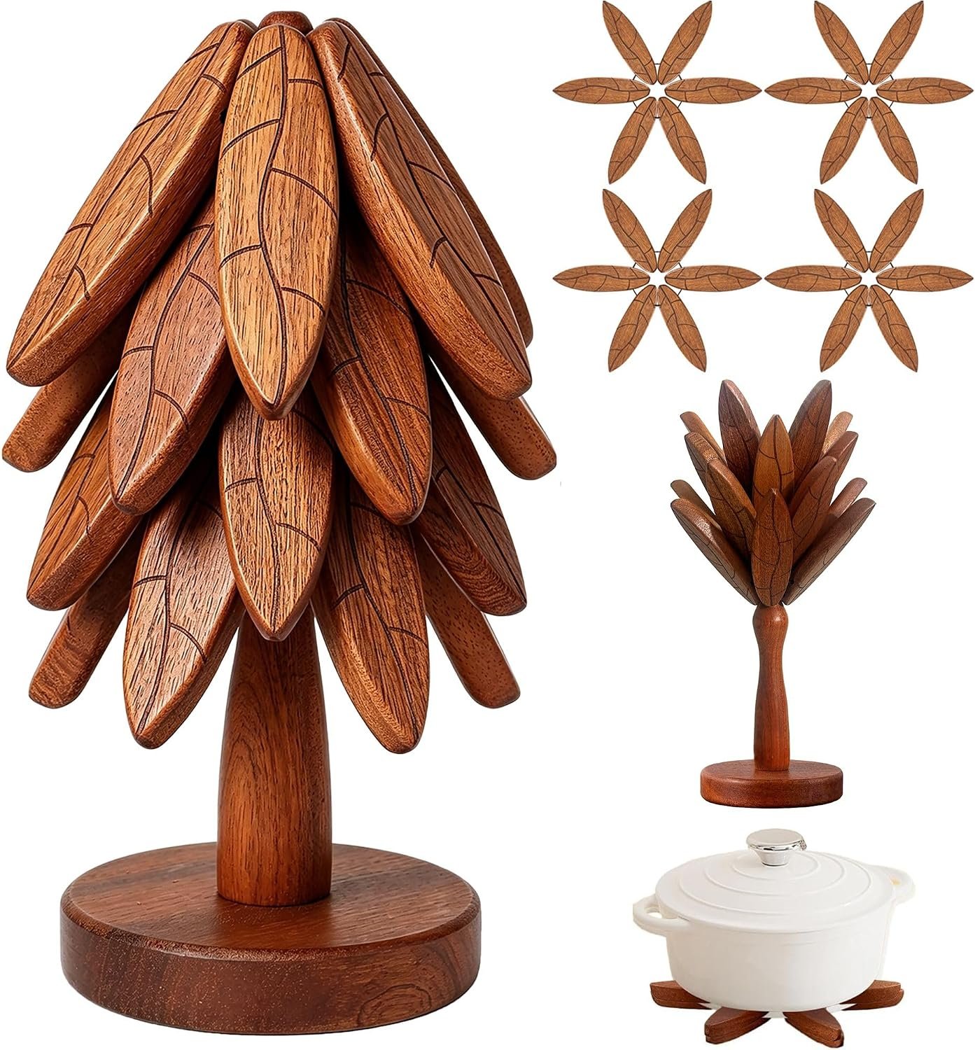 Tree Coasters, Wooden Trivets for Hot Dishes/Pot/Bowl/Teapot/Pans, Tree Shape Trivet Set – 4 Wooden Trivets + 1 Stand Stored, Kitchen Decor Gifts for Him/Her (Leaf Pattern – 4Pcs)