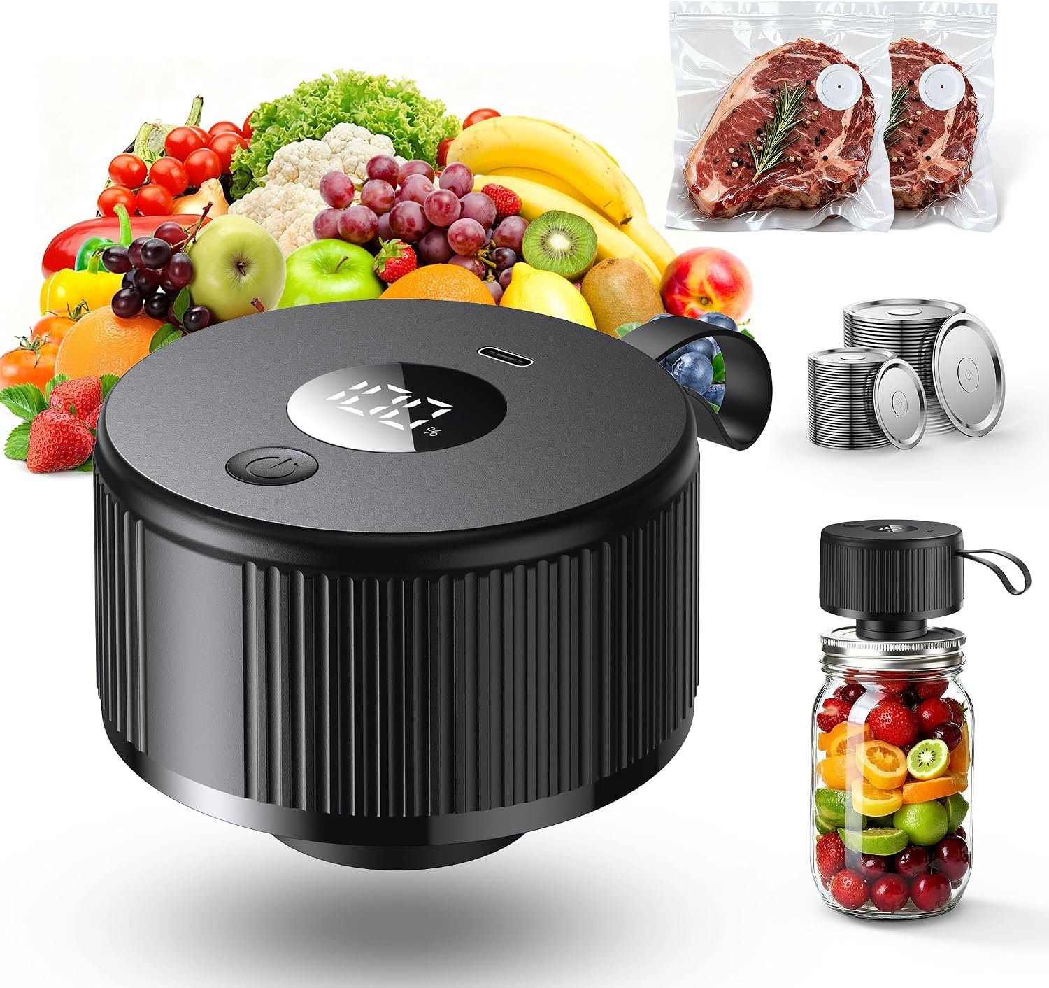 Electric Mason Jar Vacuum Sealer Kit, [2026 Upgraded] Automatic Cordless Jar Sealer for Wide & Regular Mouth Jars, One-Touch Food Saver for Canning, Homesteading & Meal Prep