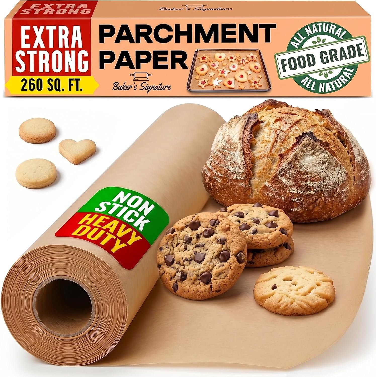260 Sq.Ft Unbleached Parchment Paper for Baking – Roll with Cutter | Heavy Duty Non-Stick Brown for Cooking, Grilling, Steaming and Air Fryer, 15″ x 210ft by Baker’s Signature