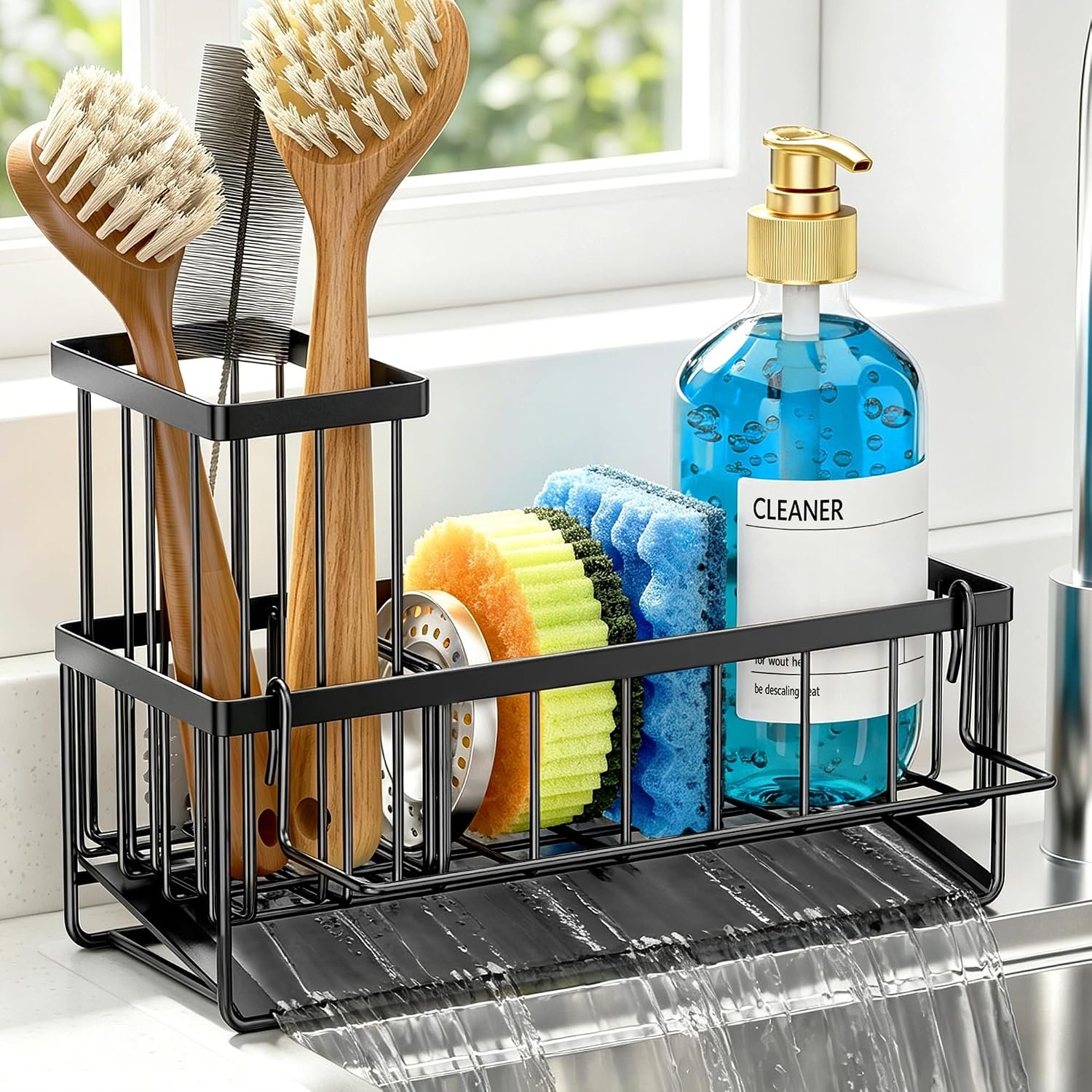 Sponge Holder for Kitchen Sink, Kitchen Sink Caddy, Kitchen Sink Sponge Holder, Dish Sponge Holder, Kitchen Sink Organizer for Sponge, Dish Brush, Scrubber(9.65″ x 3.74″ x 6.3″, Black)