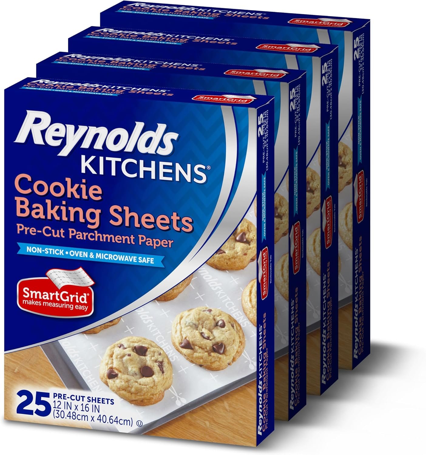 Reynolds Kitchens Parchment Baking Sheets, 25 Sheets (Pack of 4), 100 Total | Pre-cut parchment cookie baking sheets, Non-stick, Smart-grid lines for even spacing of cookies, Use up to 3 times