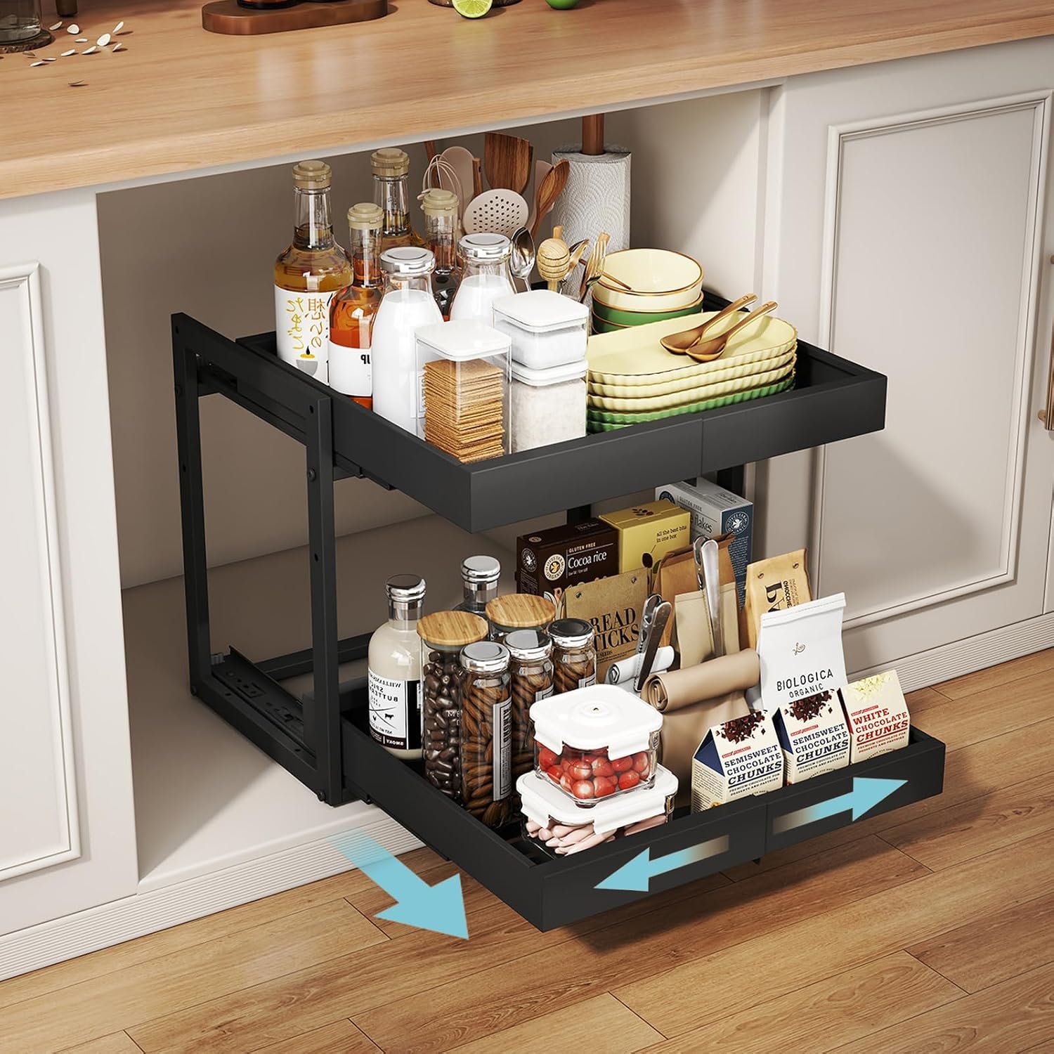 2-Tier Expandable Pull Out Cabinet Organizer, Cabinet Drawers, 16″D | Cabinet Pull Out shelves, Adjustable Pantry Drawers, Slide Out Drawers for Kitchen Cabinets, Under Sink Organizer, Black