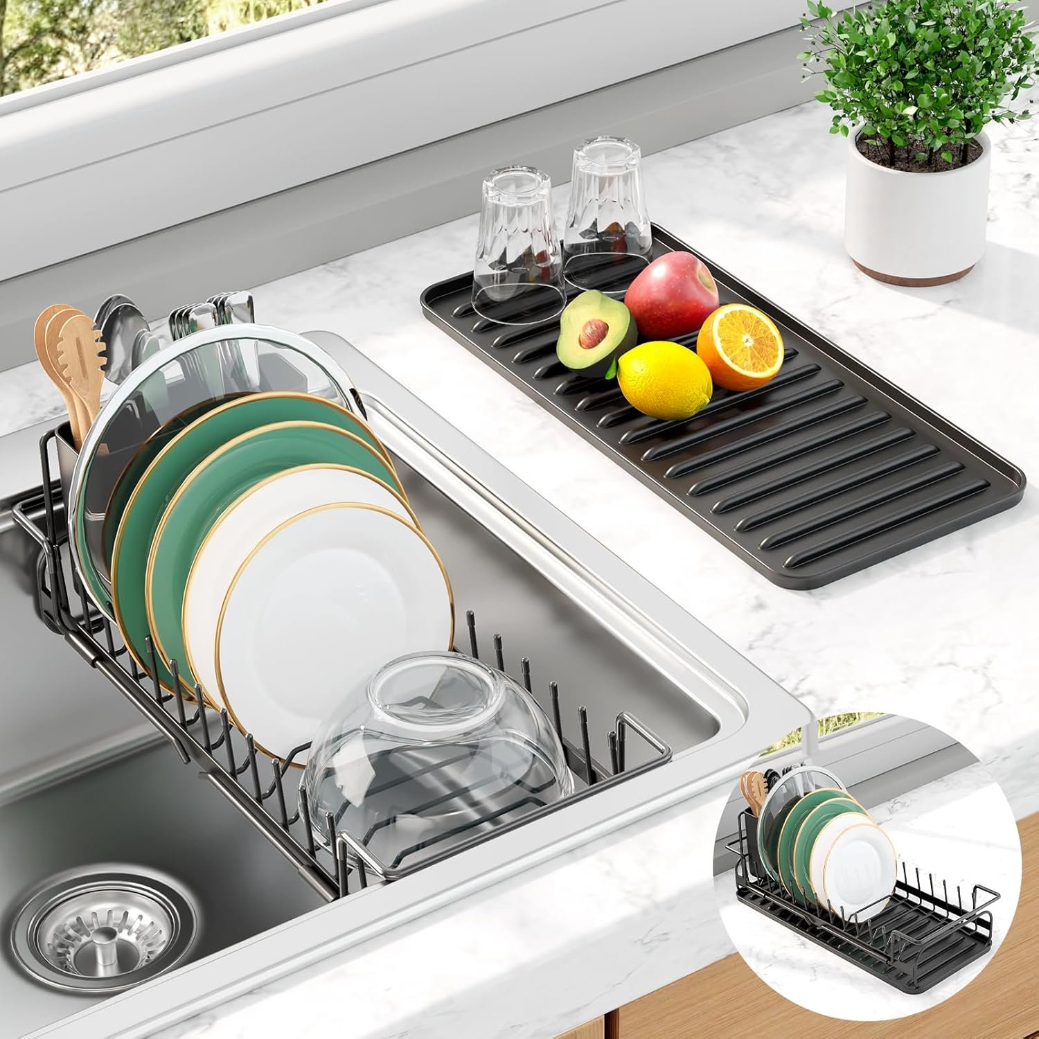 Kitsure Expandable Dish Rack for Kitchen Counter, Medium, Black | Over Sink Or In Sink Dish Drying Rack, Dish Drainer with Cutlery Holder & Drip Tray, 14.0″-20.9″L x 6.3″W x 8.0″H