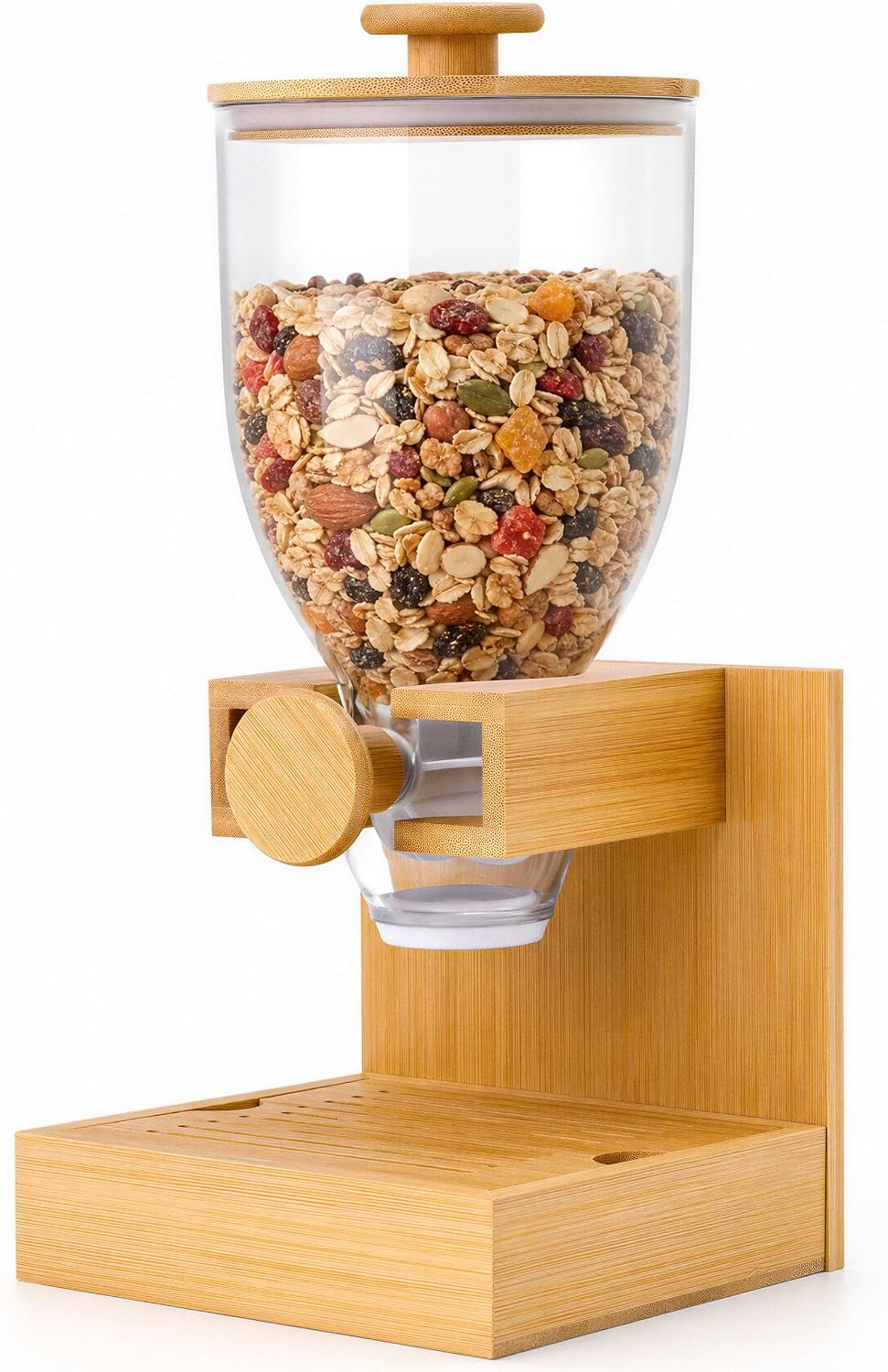 Bamboo Cereal Dispenser Countertop, 2L Airtight Single Pack | Cereal Containers Storage with Stable Base, Rotary Dry Food Dispenser for Cereal, Rice, Nuts, Kitchen Pantry Organization