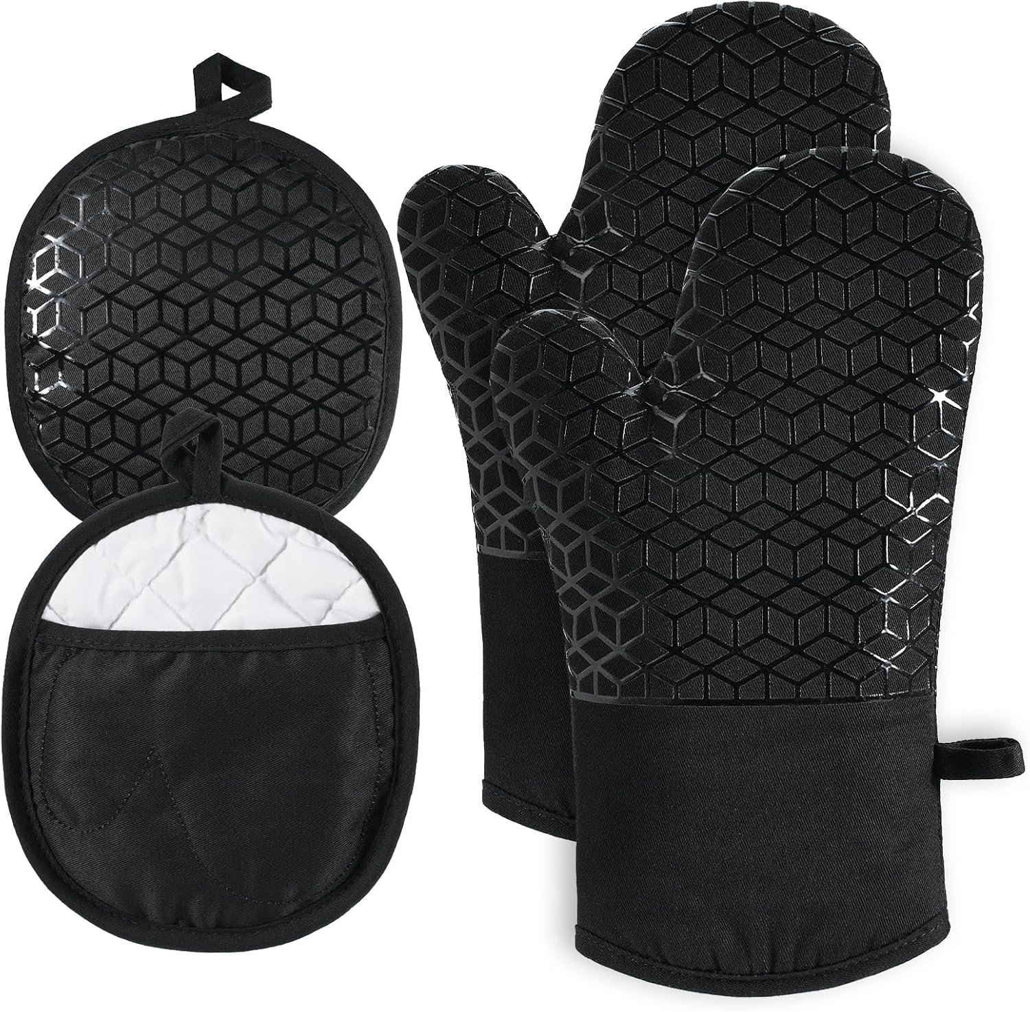 Oven Mitts and Pot Holders, 500°F Heat Resistant, Black | Oven Mitts Sets, Silicone Oven Gloves Featuring Non‑Slip Textured Grip, Perfect For Cooking, Baking and Grilling
