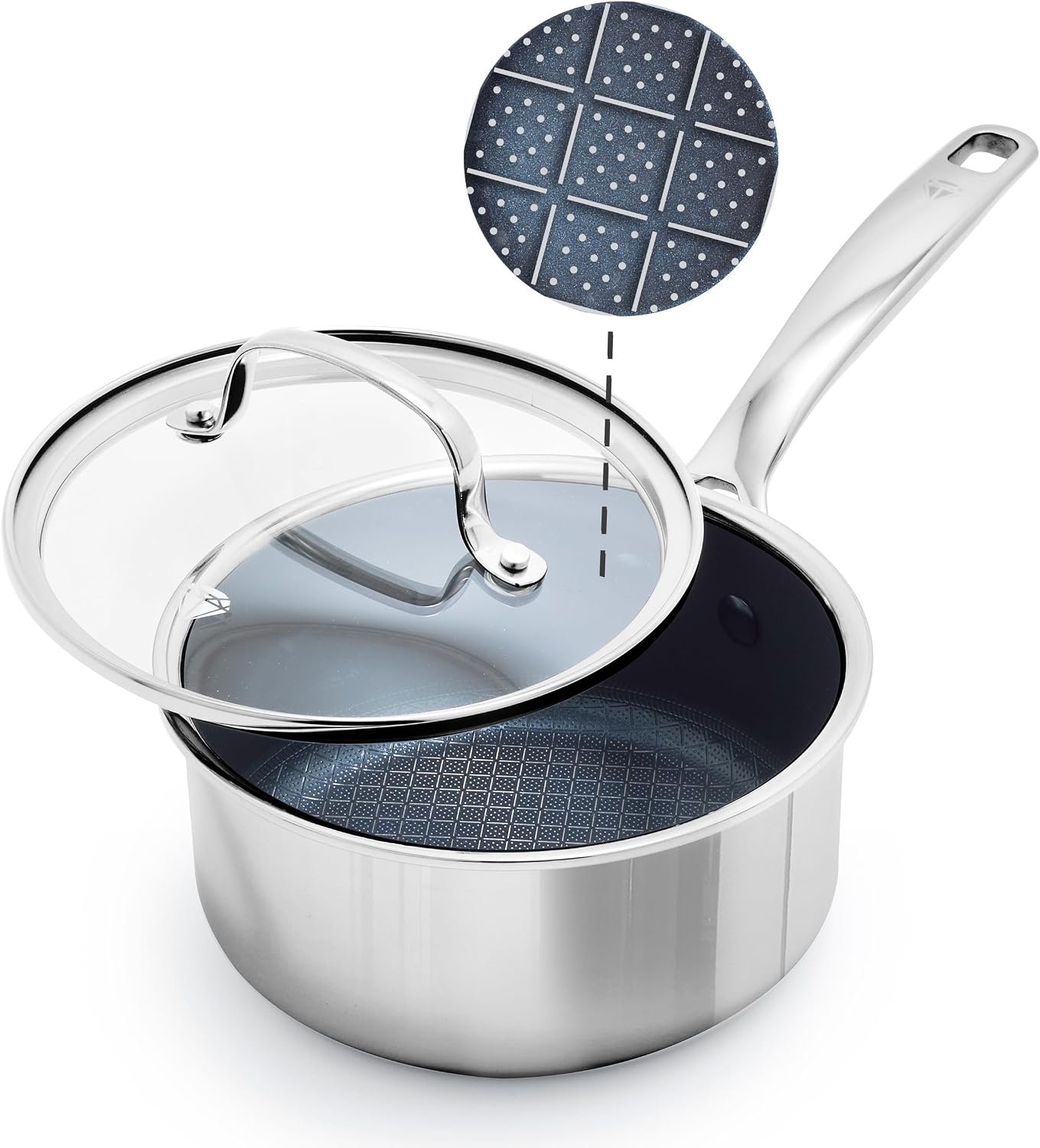 Blue Diamond Hybrid Nonstick Stainless Steel 1.57QT Saucepan with Glass Lid, PFAS-Free Ceramic Diamond Bond Pot, Dishwasher Safe, Stay-Cool Handle, Induction Ready, Compatible with All Cooktops