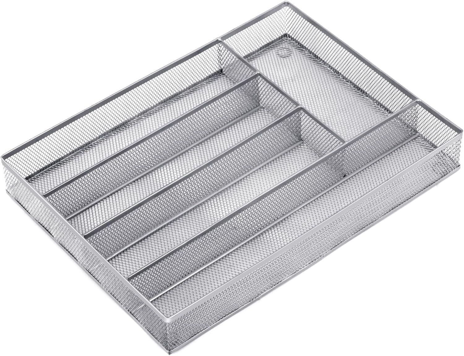 Neudeco Silverware Drawer Organizer, Silver, 5 Compartment | Mesh Wire, Non-Slip Feet, Cutlery Tray, Flatware Storage Divider