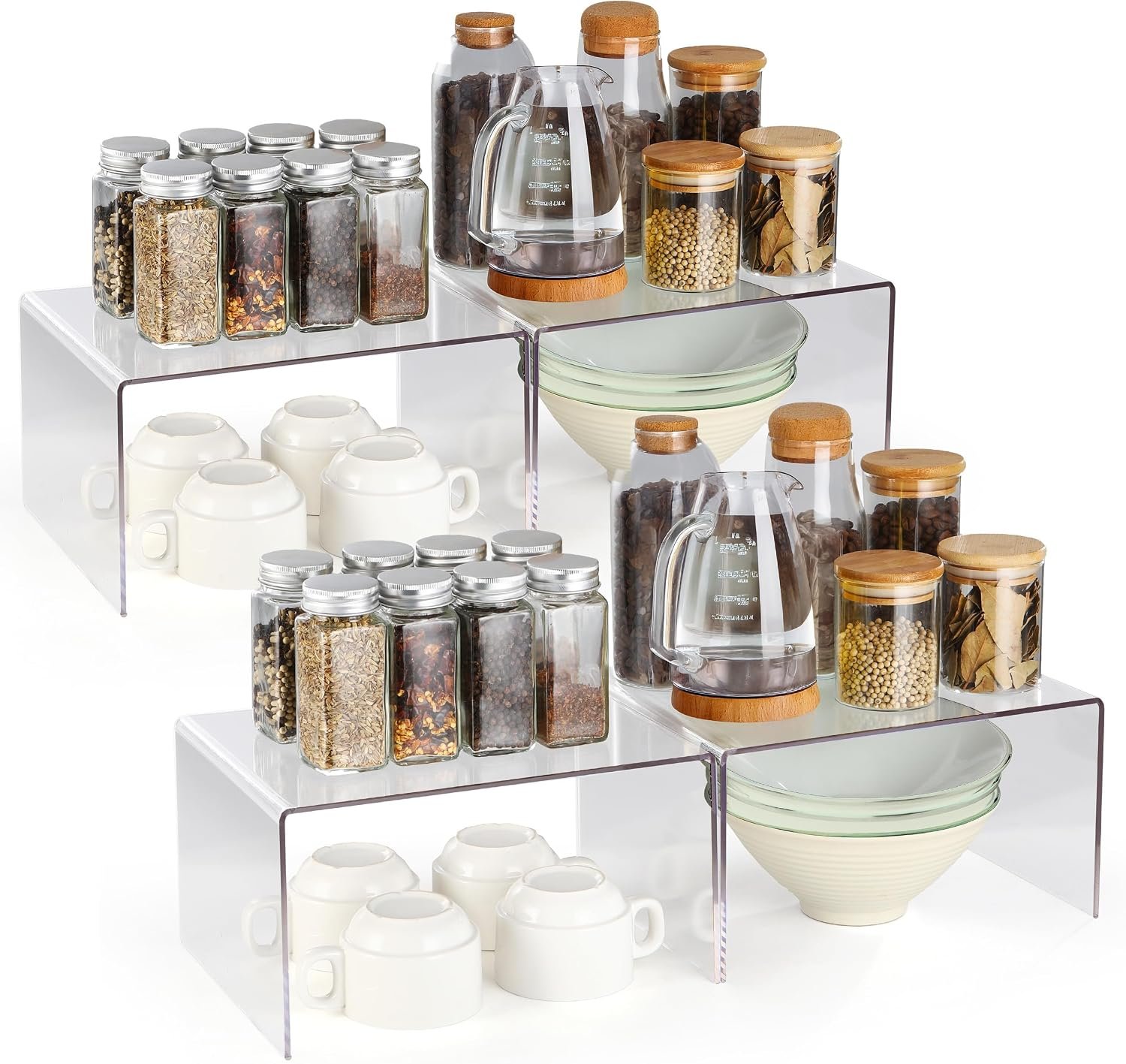 Clear Acrylic Cabinet Organizer Shelf 4Pcs, Stackable Cabinet Shelves, Dish Organizer for Cabinet, Kitchen Cabinet Organizer Riser, Pantry Cupboard Storage for Spice Bottles, Mugs, Small Plates & Jars