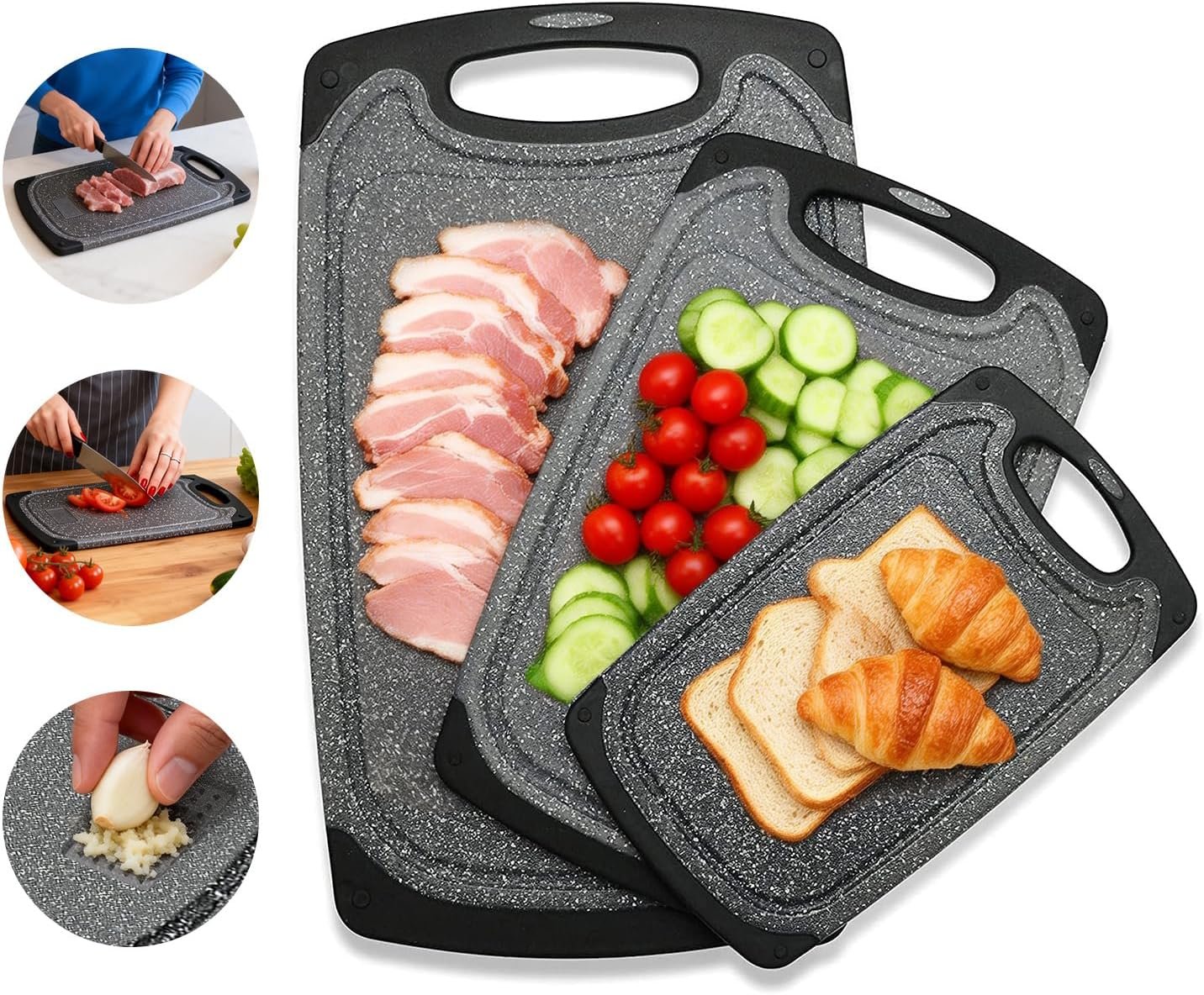 Viretang Plastic Cutting Boards Set of 3,BPA Free,Dishwasher Safe | Thick Chopping Boards for Kitchen with Deep Juice Grooves, Non‑Slip Feet, Easy Grip Handle, Grinding Area, Black