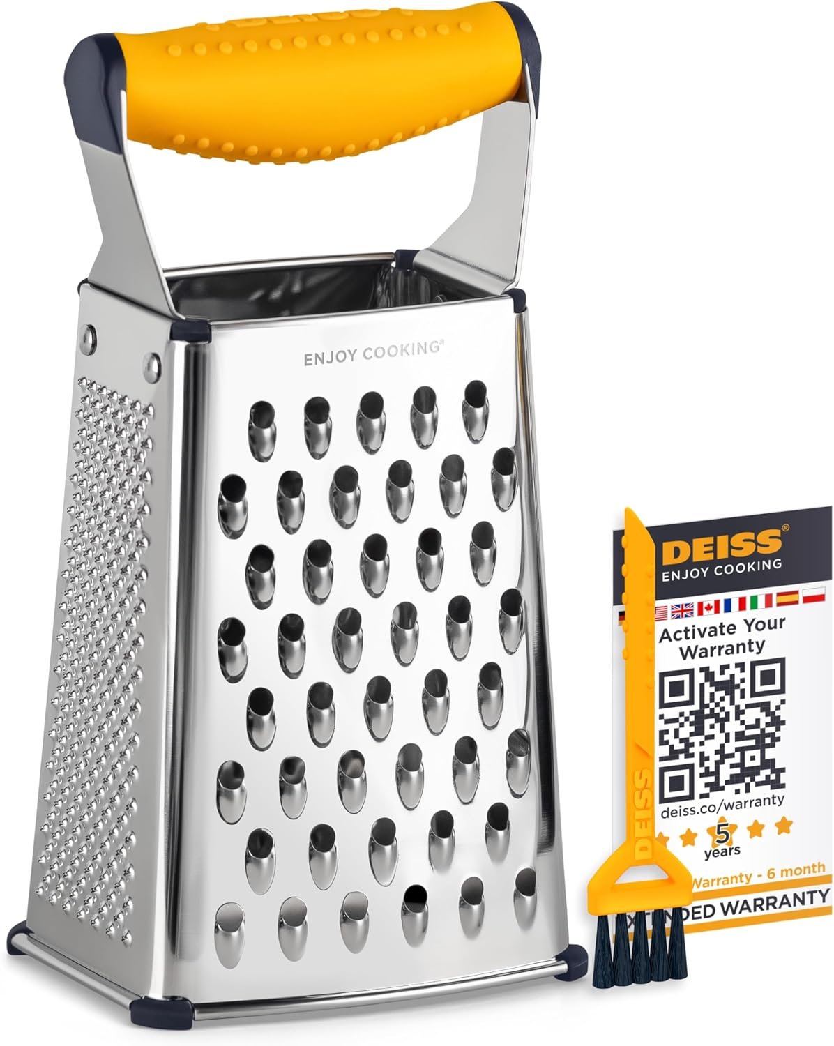 Deiss PRO Box Grater & Cheese Graters for Kitchen – Stainless Steel Cheese Grater and Food Shredder, 4 Sided Hand Grater for Block Cheese, Vegetables Non-Slip Base, Dishwasher Safe