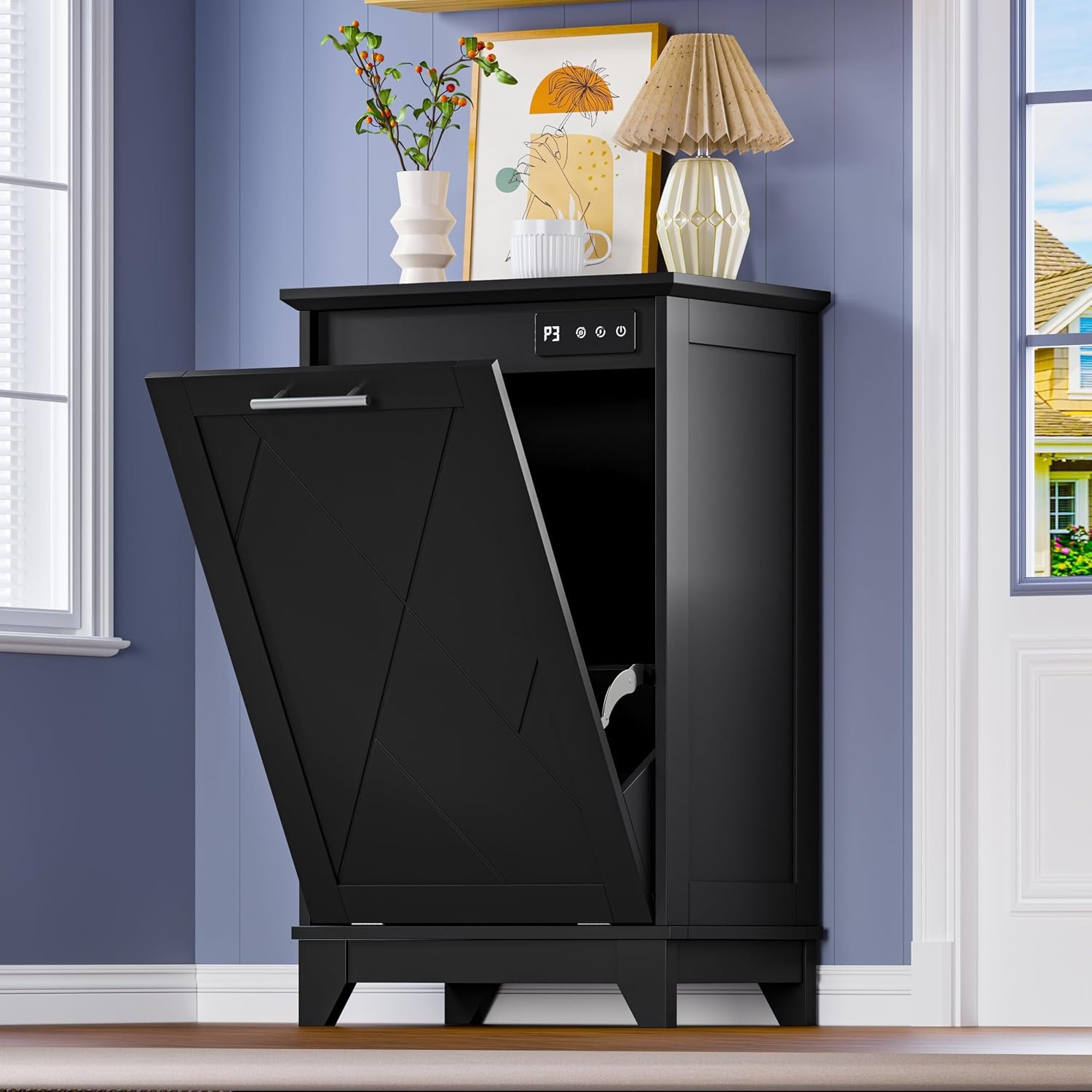 BORNOON Tilt Out Trash Can Cabinet, Hidden Trash Can Cabinet with Odor Control, Negative Ion & Ozone, Wooden Laundry Hamper Cabinet, Single Trash Cabinet for Kitchen, Bathroom, Laundry Room, White