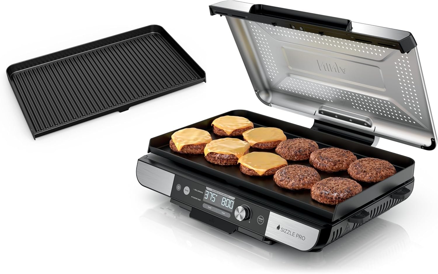 Ninja® Sizzle™ Pro XL 20” Indoor Griddle & Grill, Silver, GX101 | 40% larger cooking surface, ProTemp IQ edge-to-edge heat, ceramic nonstick plates, detachable ventilated lid, grease control.