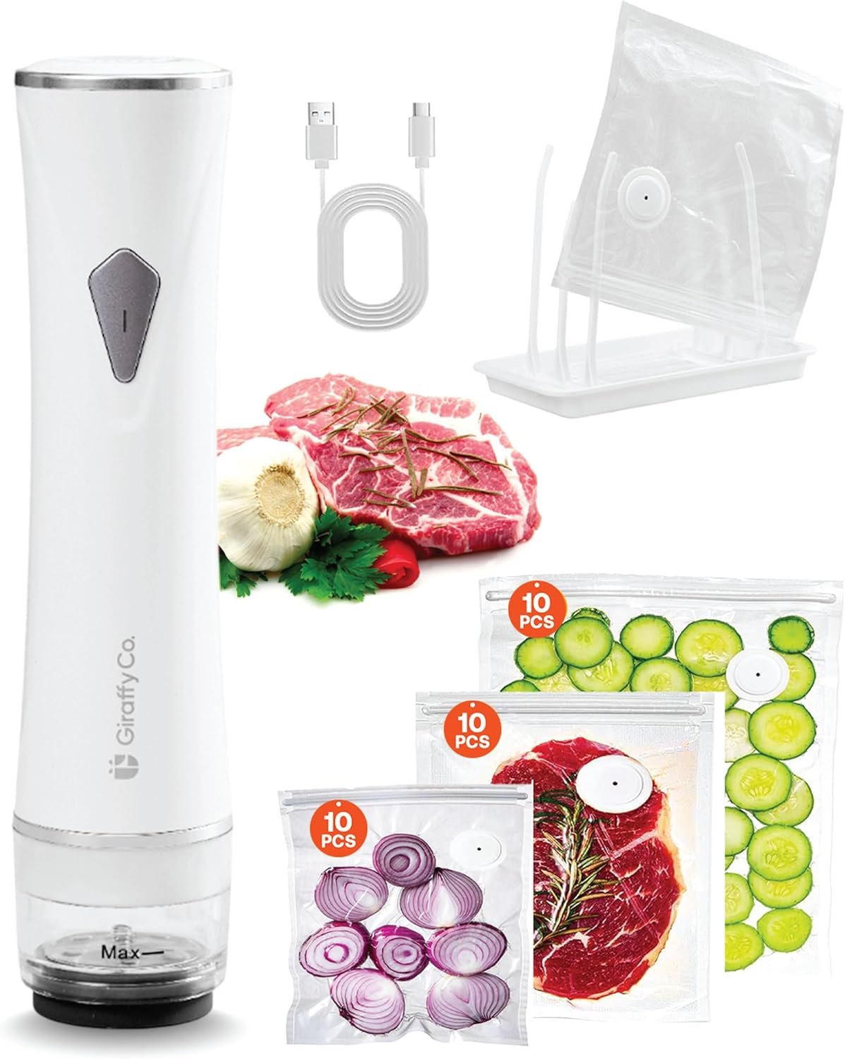GIRAFFYCO Compact Handheld Vacuum Sealer Set with 30 Reusable Bags | 30 S/M/L Reusable Bags, 10 pc Each Size, Foldable Drying Rack, Gift Set for Meal Prep, Freezer Storage & Sous Vide