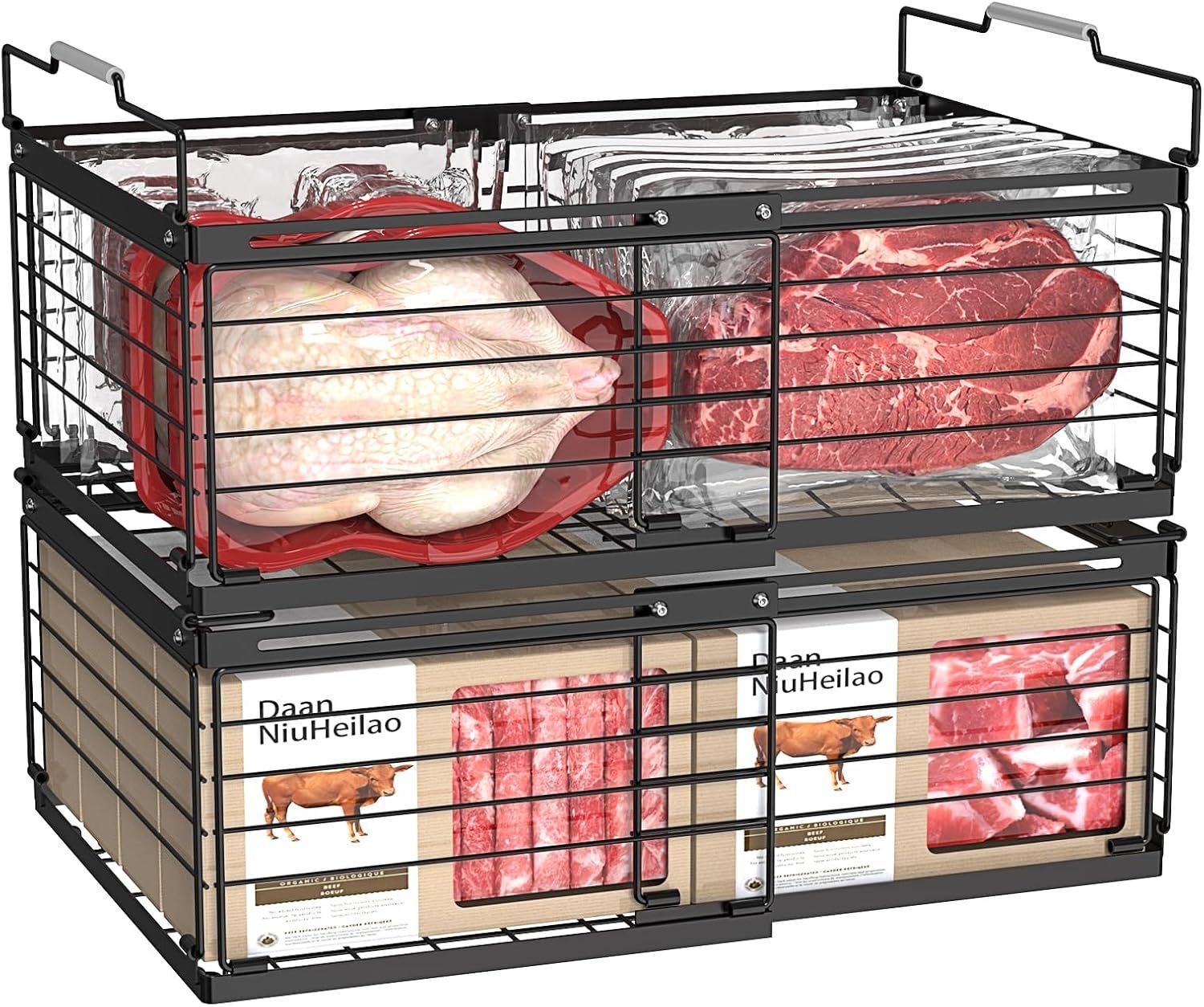 NADAMOO Expandable Chest Freezer Organizer, Stackable Wire Baskets | Adjustable 11-17.3 Inches, Heavy Duty 35 lbs Capacity, Foldable Handles, 360° Airflow, Fits 5-20 Cu Ft Models, 2 Pack