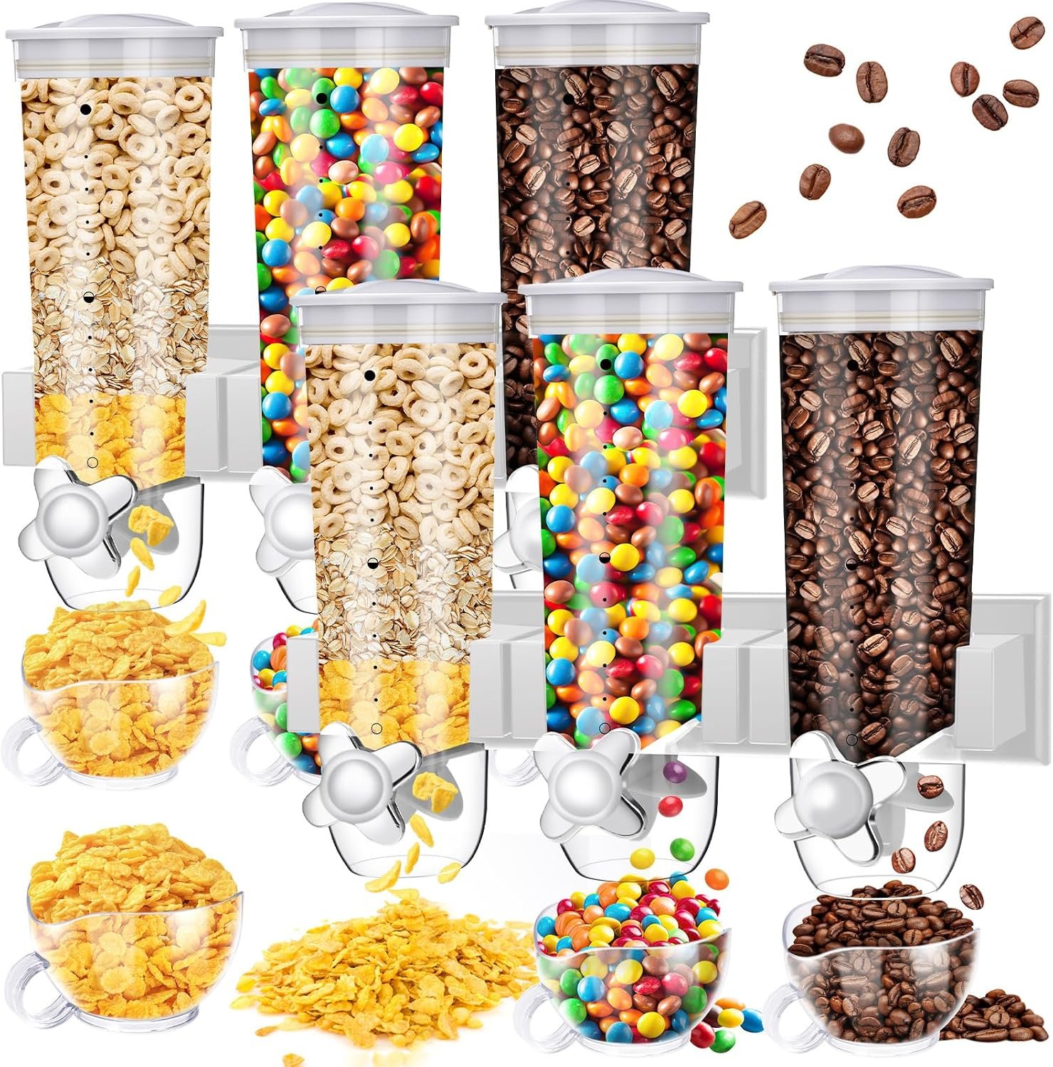 Nitial 6 Pcs Candy Dispenser Wall Mounted 9L Triple Cereal Dispenser with Cup Triple Dry Food Snack Wall Mount Cereal Storage Container for Kitchen Food Store Coffee Store(White)