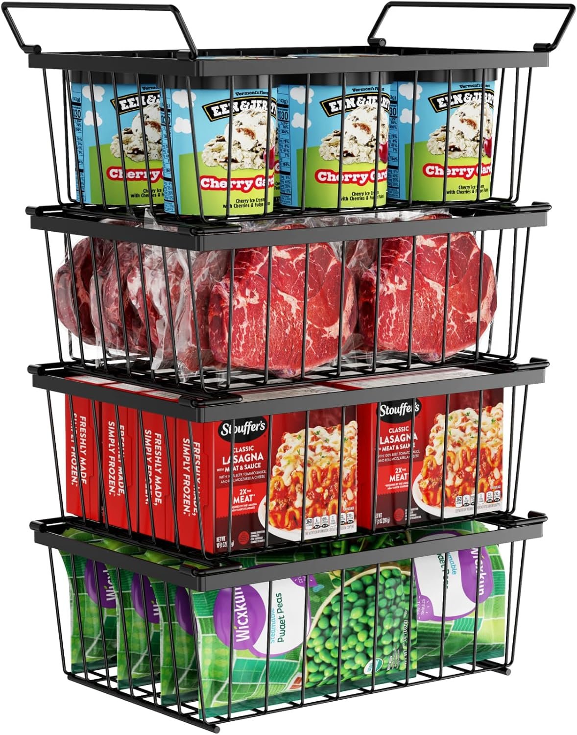 Freezer Organizer Bins – Storage Baskets for 5 Cu.Ft, 4 Pack | Easy Food Access, Stackable Wire Storage, Vertical Space for Frozen Food, Sorts Meat, Vegetables and Bagged Items, Home