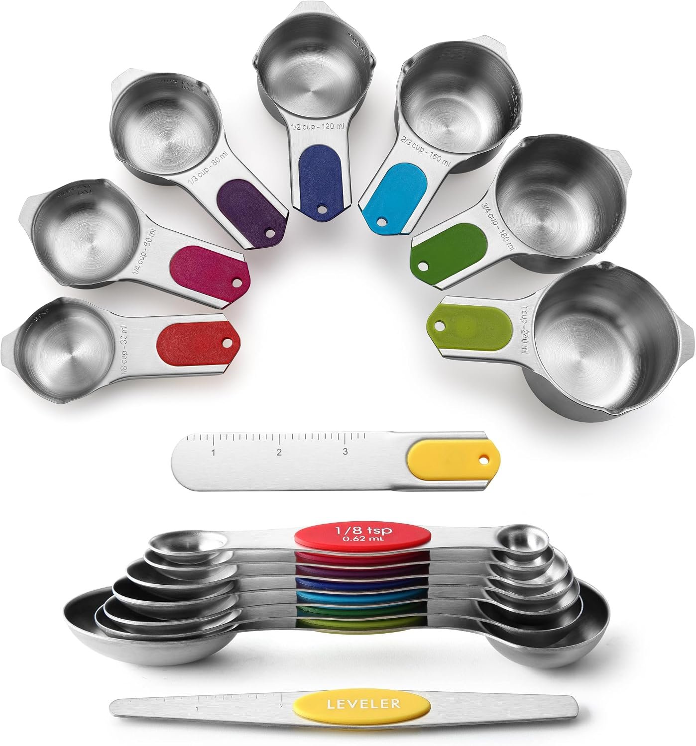 Spring Chef 16 Magnetic Measuring Cups & Spoons Set, Patented, Multicolor | Stackable Stainless Steel Measuring Cups & Heavy Duty Metal Measuring Spoons with Levelers for Dry & Liquid Ingredients