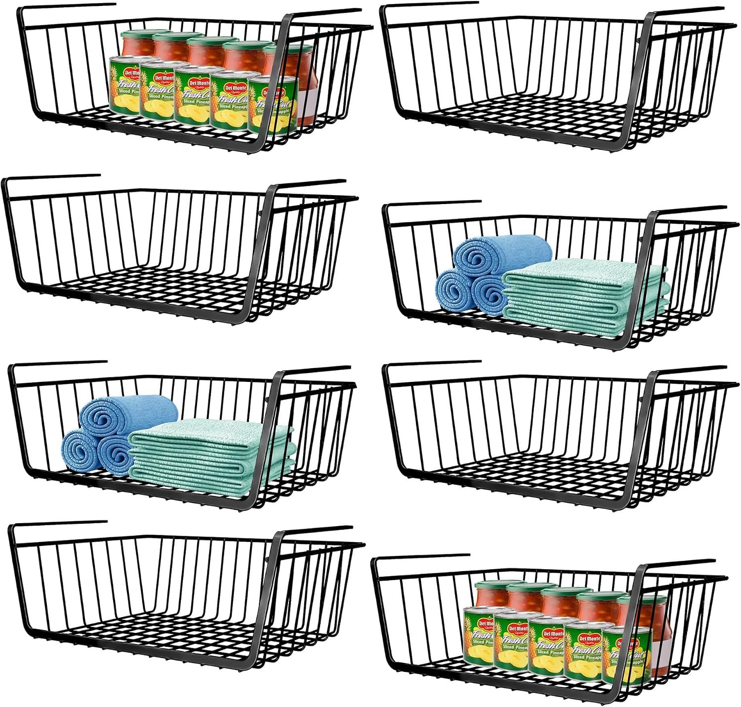 8 PACK 12in Hanging Under Shelf Storage Basket Kitchen Cabinet Organizer Storage, Slides Under Wire Shelves for Counter Pantry Desk Bookshelf,Black