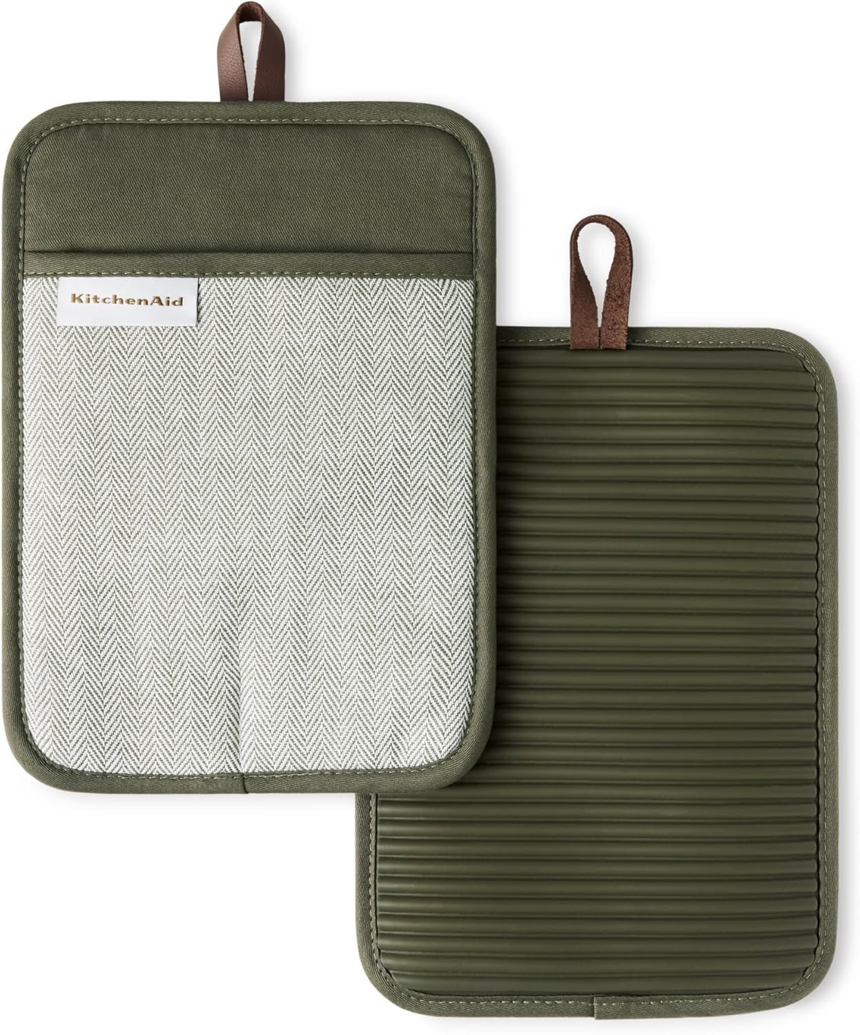 KITCHENAID® Evergreen Design Series Herringbone Ribbed Soft Silicone Pot Holders 2-Pack Set, Heat Resistant up to 500°F, Flexible & Waterproof, Deep Forest Green, 7″x10″