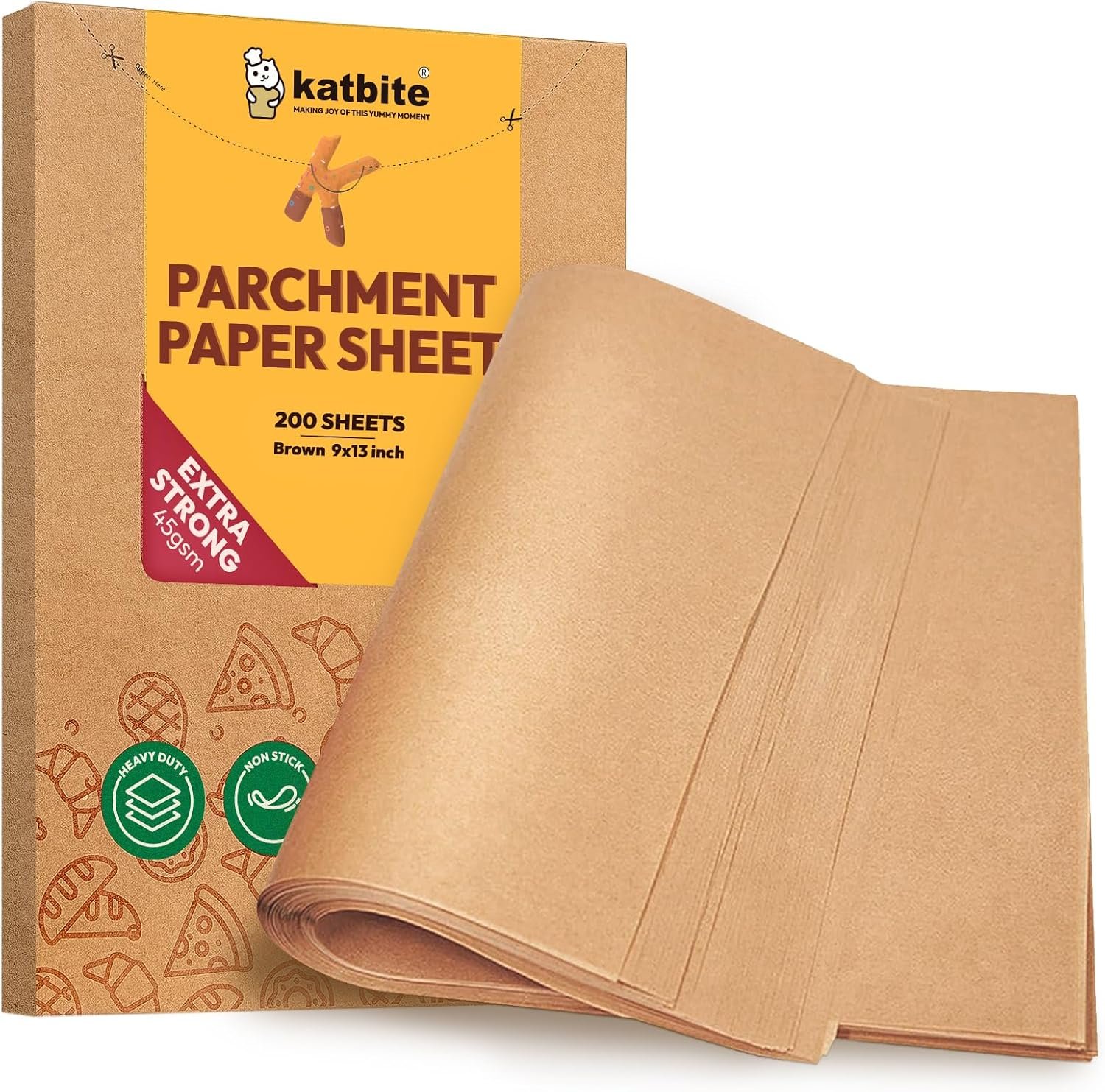 Katbite 200Pcs 9×13 inch Heavy Duty Unbleached Parchment Paper, Parchment Paper Sheets for Baking Cookies, Cooking, Frying, Air Fryer, Grilling Rack, Oven(9×13 Inch) | Heavy duty precut baking paper sheets. Non stick extra strong. Ideal for baking cookies, bread, meat & pizza