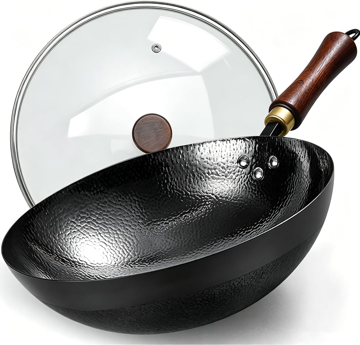 Carbon Steel Wok Pan, 12.6-Inch Nonstick Pre-Seasoned Woks & Stir-Fry Pans with Glass Lid, No Chemical Coated Wok Round Bottom Hand Hammered Chinese Wok for Gas Stoves