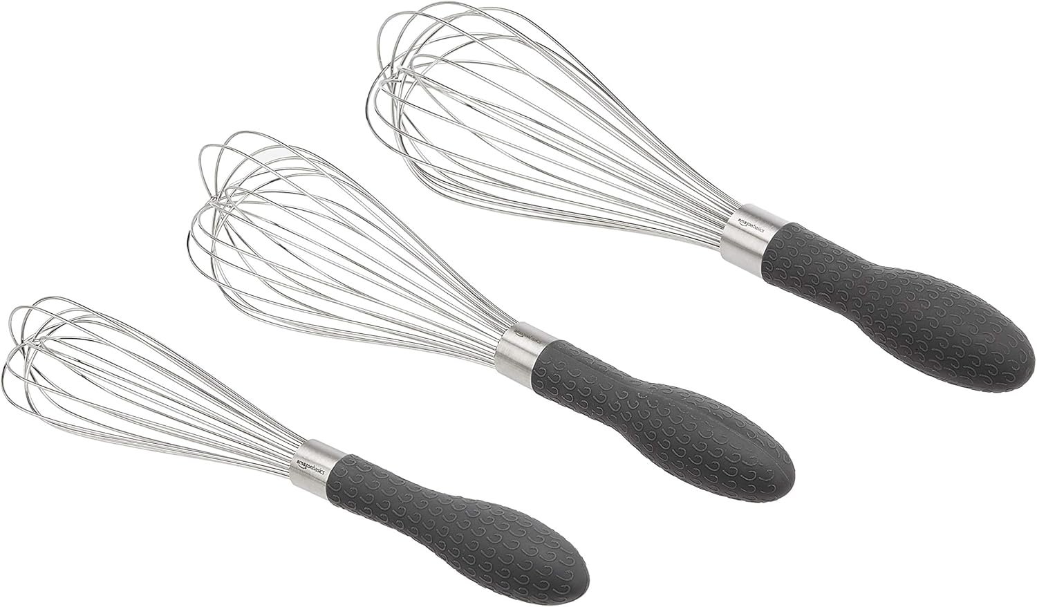 Amazon Basics Stainless Steel Wire Whisk Set for Cooking, Different Sizes, Easy to Hold Ergonomic Handle, 3 Piece, Black/Silver