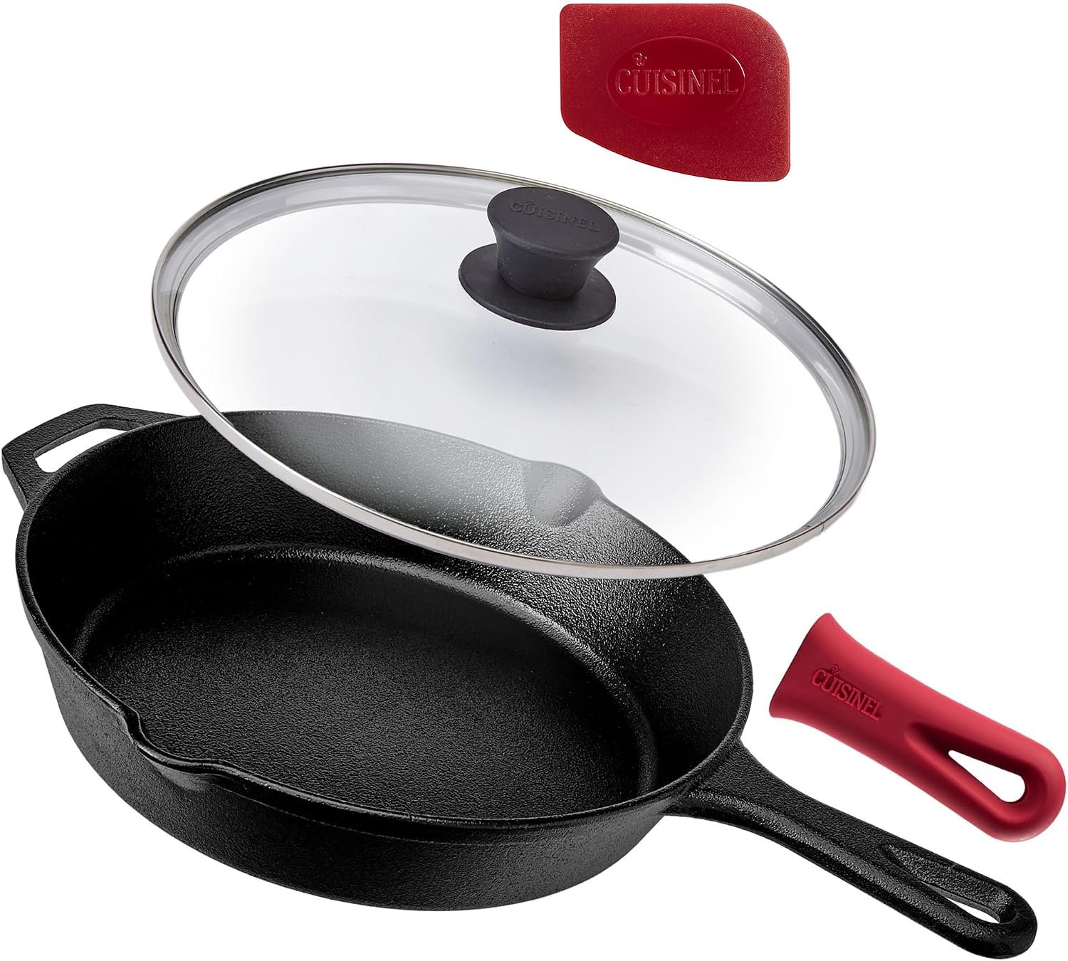 Cuisinel Cast Iron Skillet with Lid – 10″-Inch Pre-Seasoned Frying Pan + Glass Cover + Heat-Resistant Handle Holder – Indoor/Outdoor Use – Grill, Stove, Camp Firepit, Induction – Oven Safe Cookware