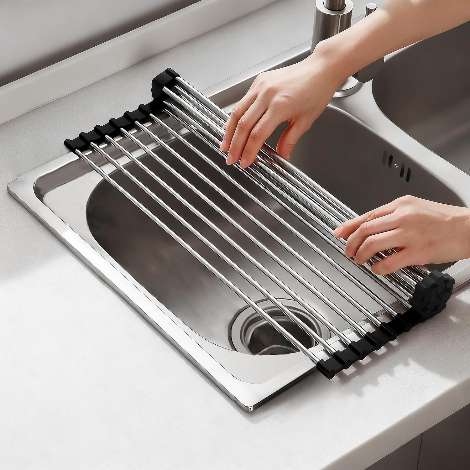 NEZUIBAN Dish Drying Rack with Roll Up and Over Sink for Kitchen,17.5″x11.8″,Black