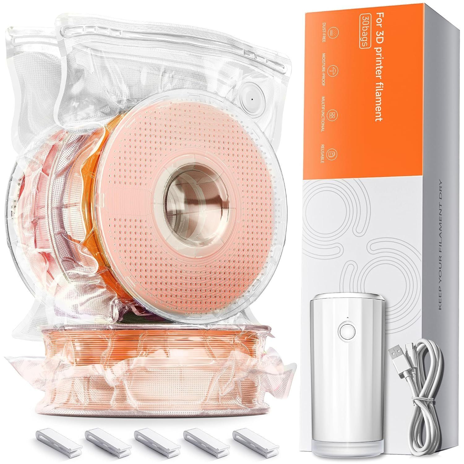 Filament Storage Bags with Auto Pump – Upgraded 30 Extra Large Filament Bags (14.9 * 13 inch) Plus 30 Desiccants and 5 Clips – Extra Large Filament Vacuum Bags Designed for Bambulab Reusable Spool