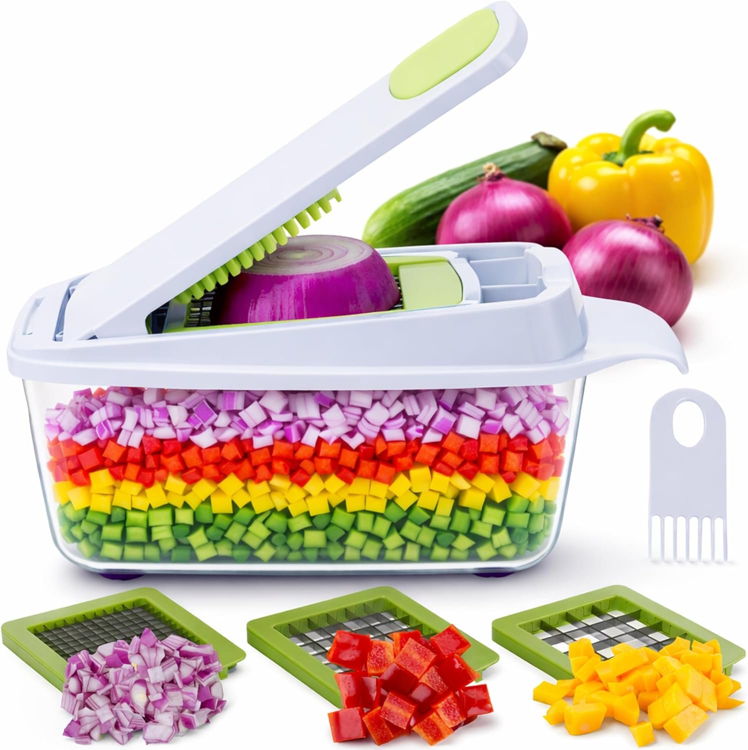 Brieftons QuickPush Manual Vegetable Chopper: 8-Cup Push-Down Onion Dicer & Food Chopper, 3 German Steel Blades, BPA-Free Container with Keep-Fresh Lid and Cleaning Comb – Manual, Dishwasher Safe