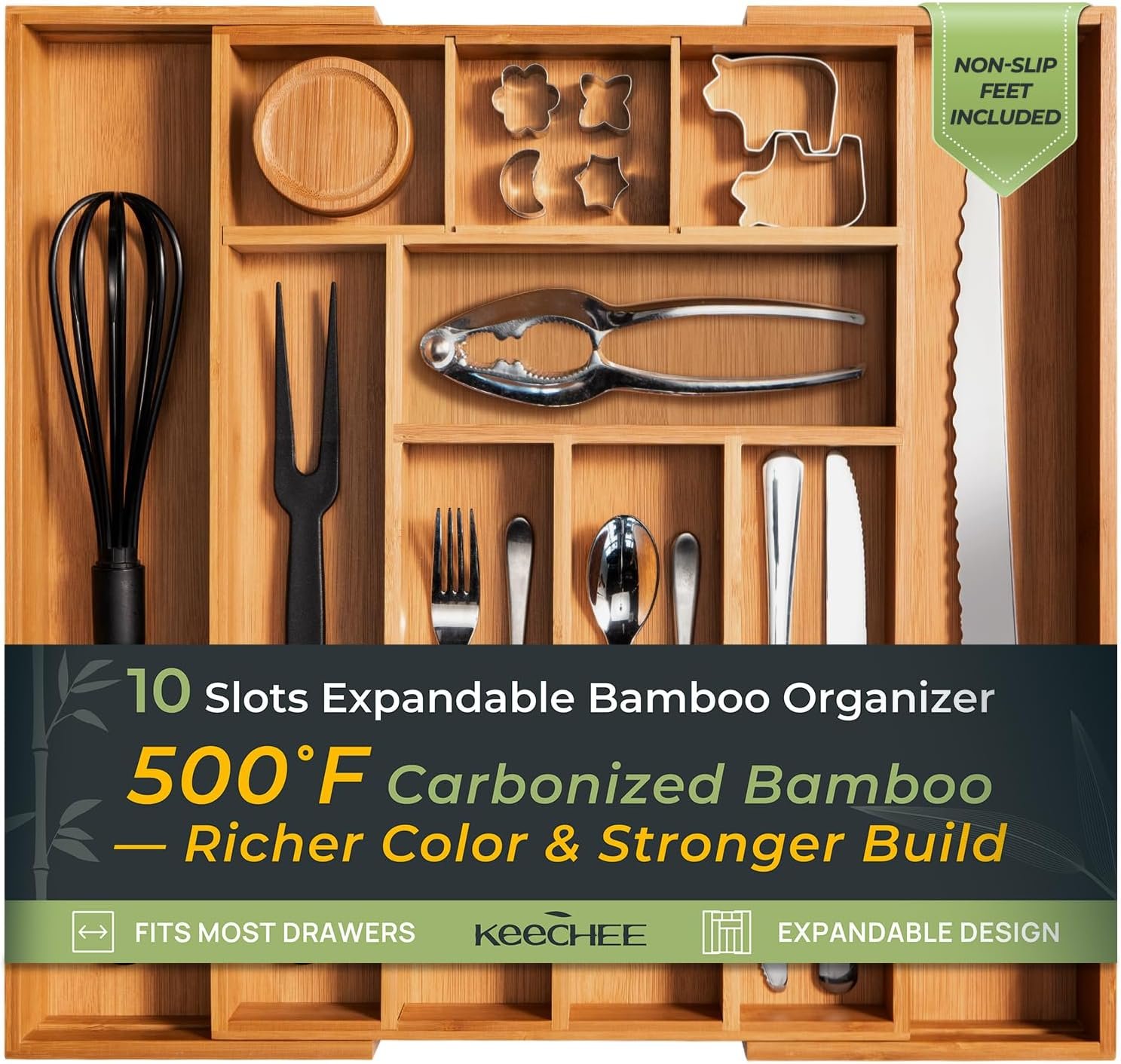 keechee Carbonized Bamboo Kitchen Drawer Organizer, 10 Slots Expandable Silverware Organizer, Utensil Holder & Cutlery Tray, 2.2″ Deep for Extra Capacity, Non-Slip Feet Included