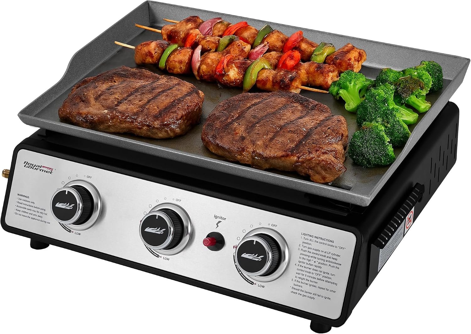 Royal Gourmet PD1301S Portable 3-Burner Tabletop Gas Griddle, 25,500 BTU Cooking Power, 304 Sq. In. Cooking Surface, Ideal for Camping & Tailgating, Black & Silver | 25,500 BTU Cooking Power, 304 Sq. In. Cooking Surface | Ideal for Camping & Tailgating, Black & Silver