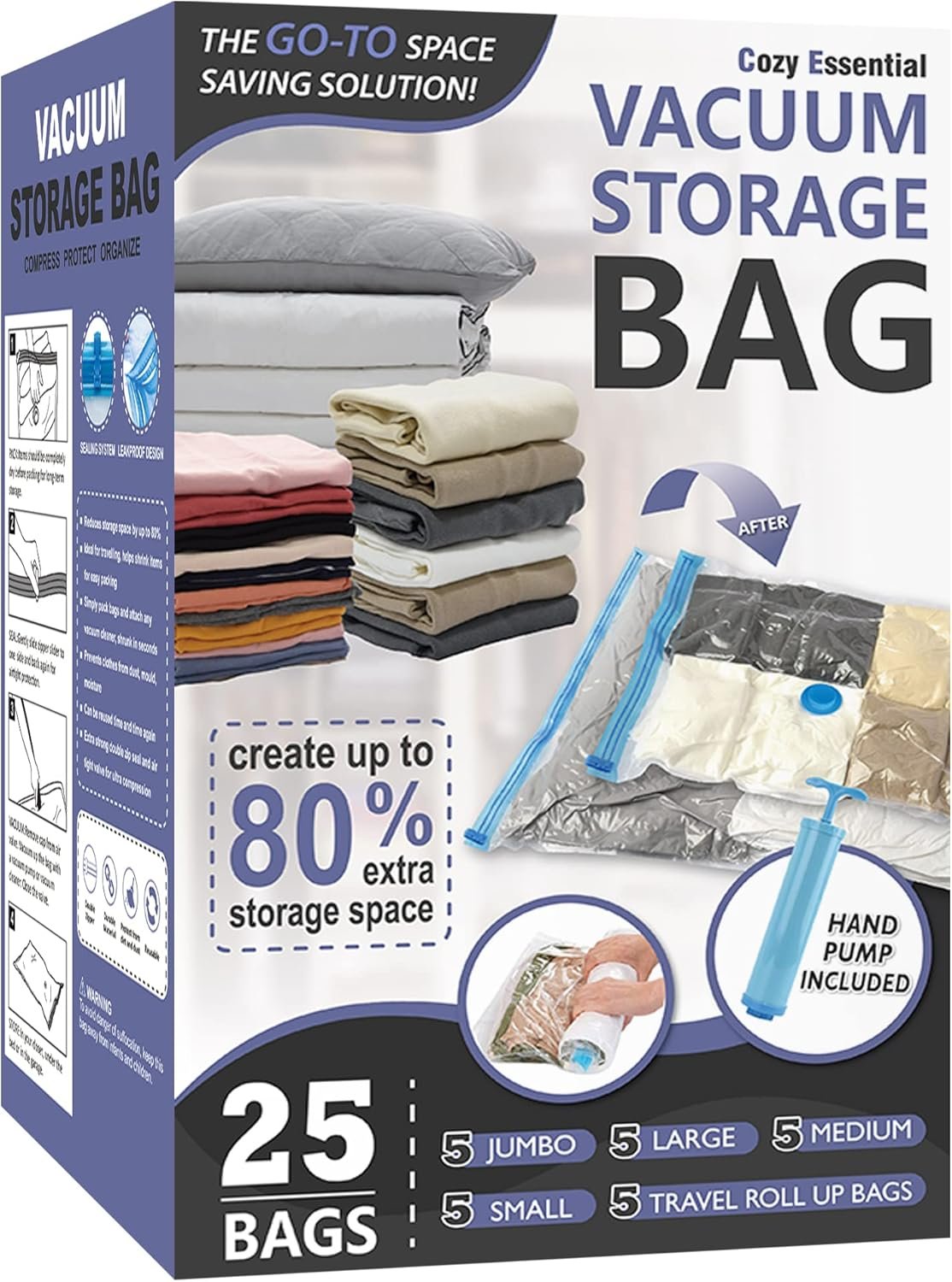 Cozy Essential Vacuum Storage Bags, 80% Compression Vacuum Seal Space Saver Plastic Packaging Bags for Clothes, Blankets, Pillow, Bedding, Comforters, Sealer Clothing Storage,25 Combo