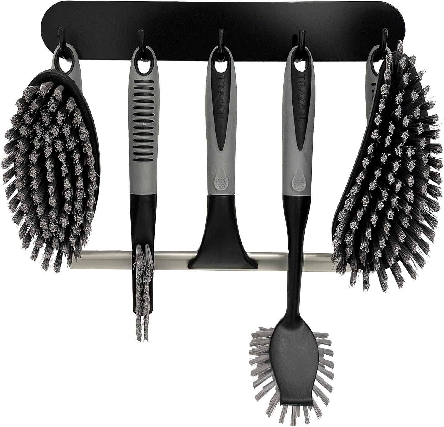 Scrub Brush Set of 6 pcs – Cleaning Shower Scrubbers with Squeegee for Shower Glass and Adhesive Wall Hooks Including Grout Cleaner Brush, Scrub Brushes for Cleaning Bathroom, Shower, Tile, Bathtub