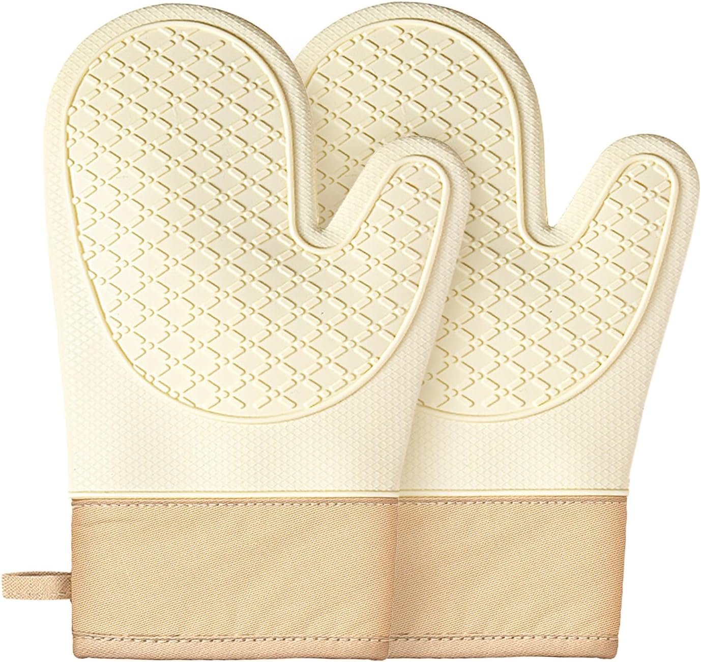 Silicone Oven Mitts (2 PCS), Waterproof Non Slip Grip Oven Gloves with Thick Soft Cotton Lining, Universal Fit Heat Resistant Kitchen Gloves for Baking, BBQ, Cooking and Grilling – White