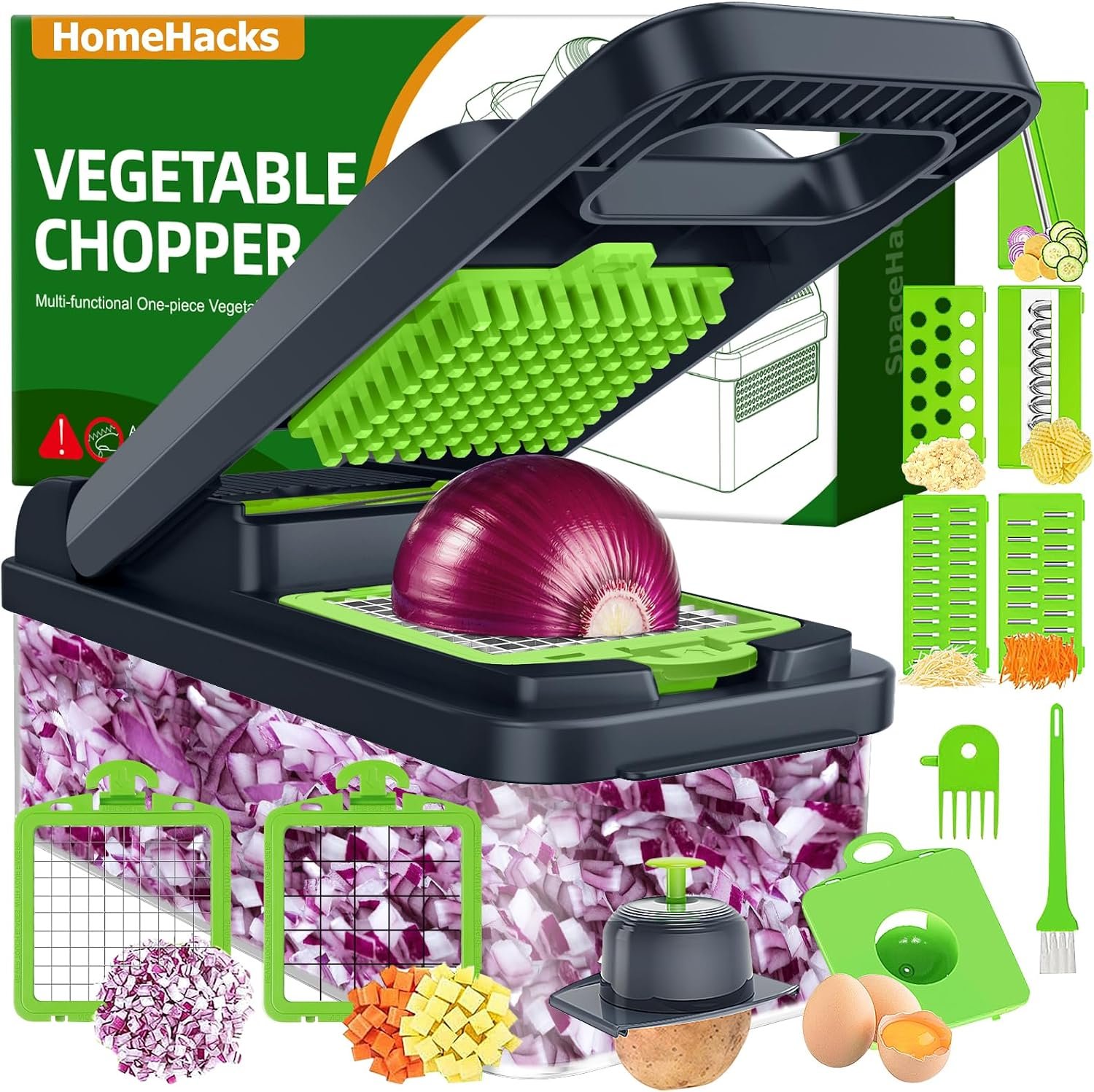 HomeHacks Veggie Chopper Vegetable Cutter, 12 in 1 Kitchen Gadget, Green | Dicer, Slicer, Cutter, Slap Chop, Cheese Grater & Egg Separator – Multi-Functional Salad Fruit Onion Chopper with Container