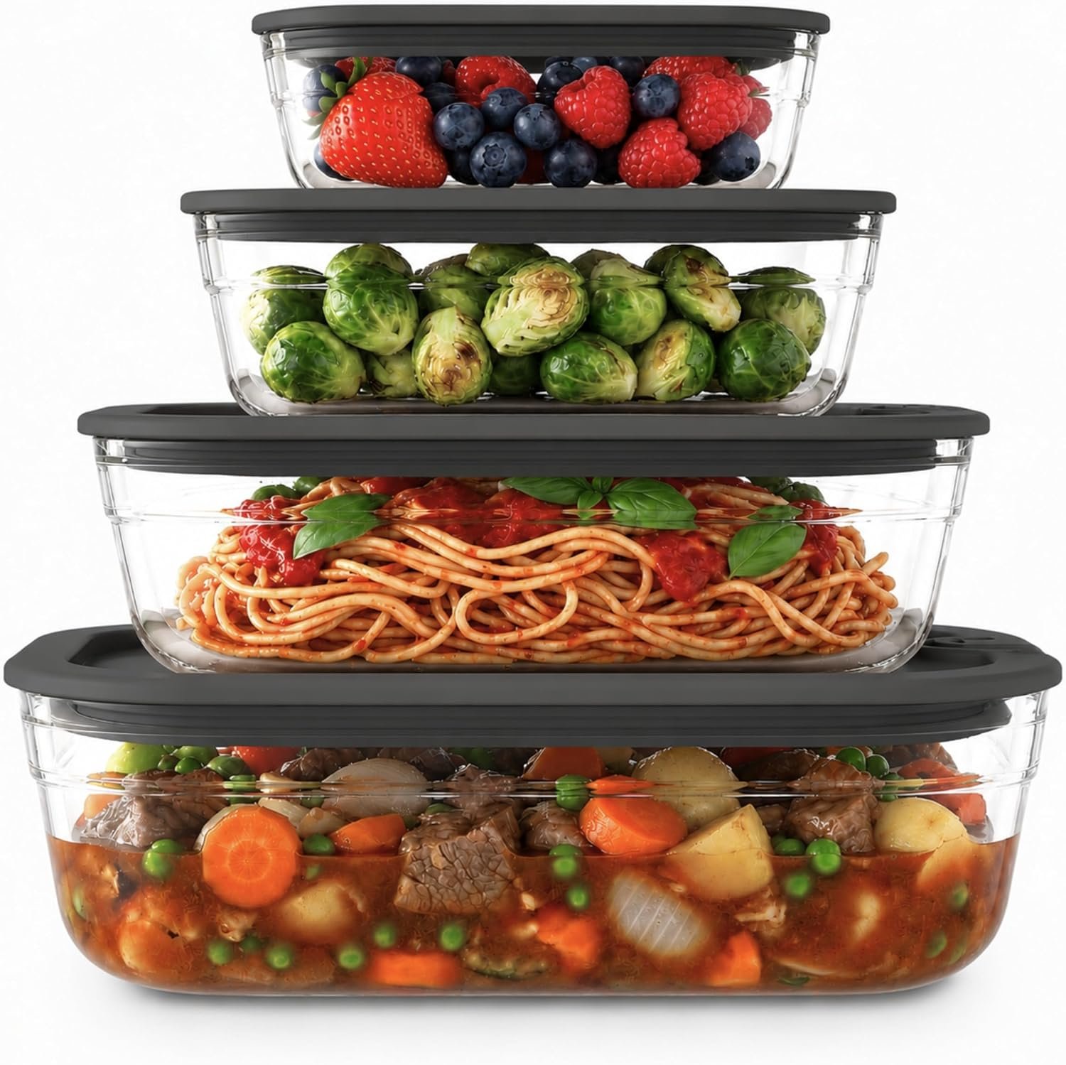Naked Kitchen 8-Piece Food Storage Containers with Lids – Nesting Borosilicate Glass Meal Prep Containers with Leak-Proof Airtight Seal – BPA Free, Microwave, Oven, Freezer & Dishwasher Safe – Black