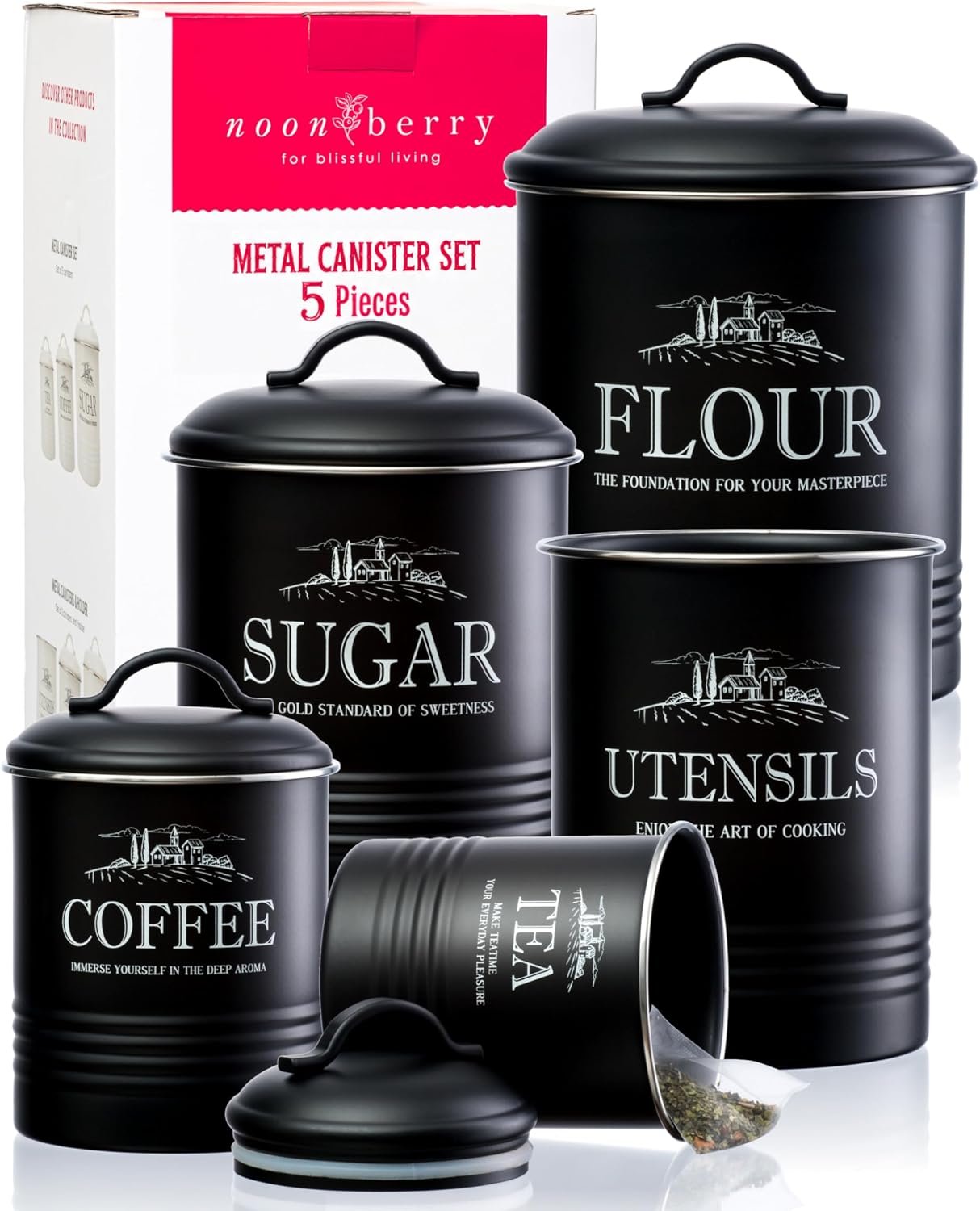 5-Piece Farmhouse Kitchen Canister Sets for Kitchen Counter | Flour, sugar, coffee, tea; airtight kitchen canisters for countertop plus utensil holder; metal; gift-ready; matte black