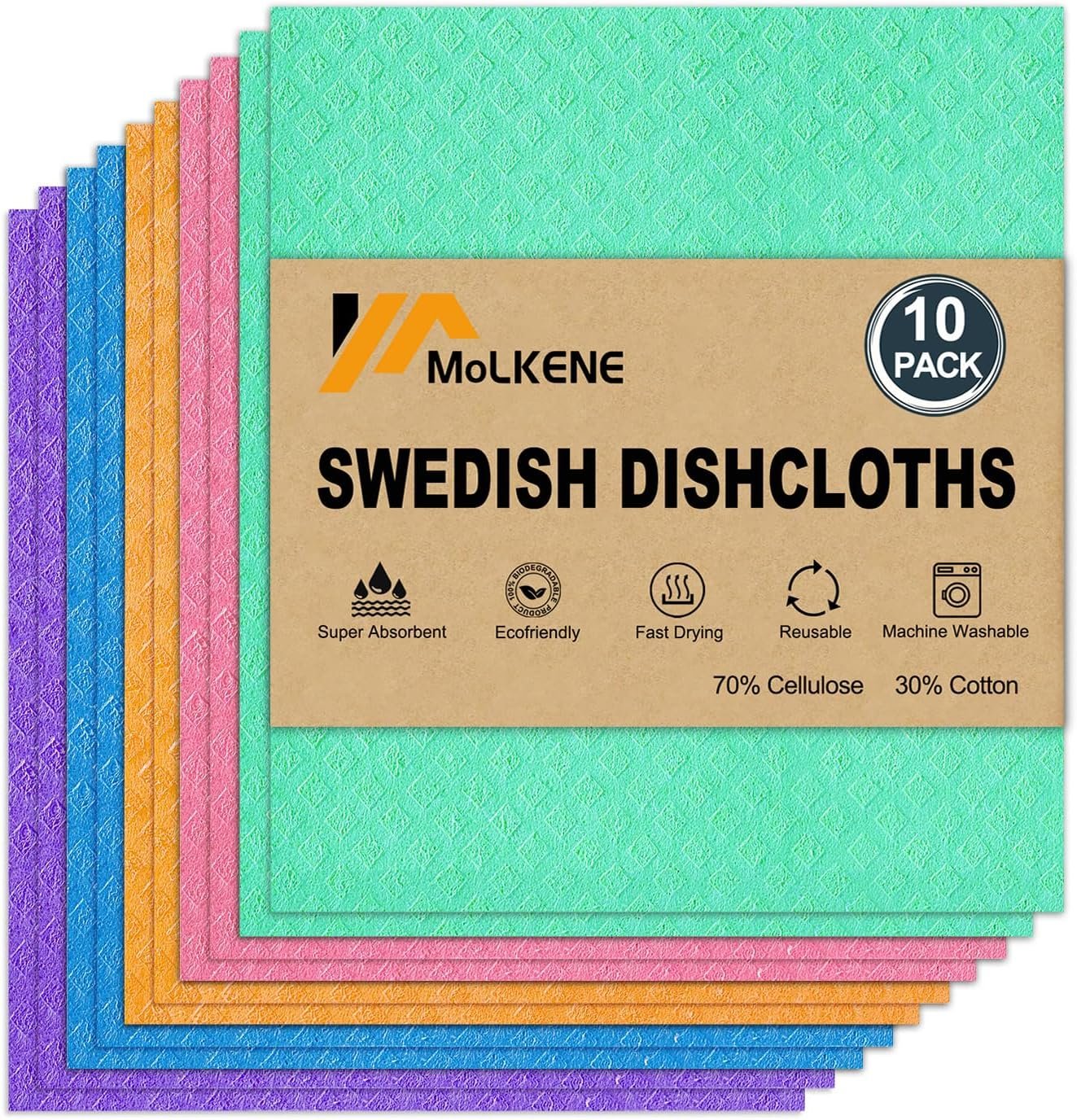MoLKENE Swedish Dishcloths for Kitchen, 10 Pack, Assorted Colors | Reusable Paper Towels Washable, Non-Scratch Cellulose Sponge Cloths, Absorbent Cleaning Cloths Dish Rag, No Odor, 7.7” x 6.9”