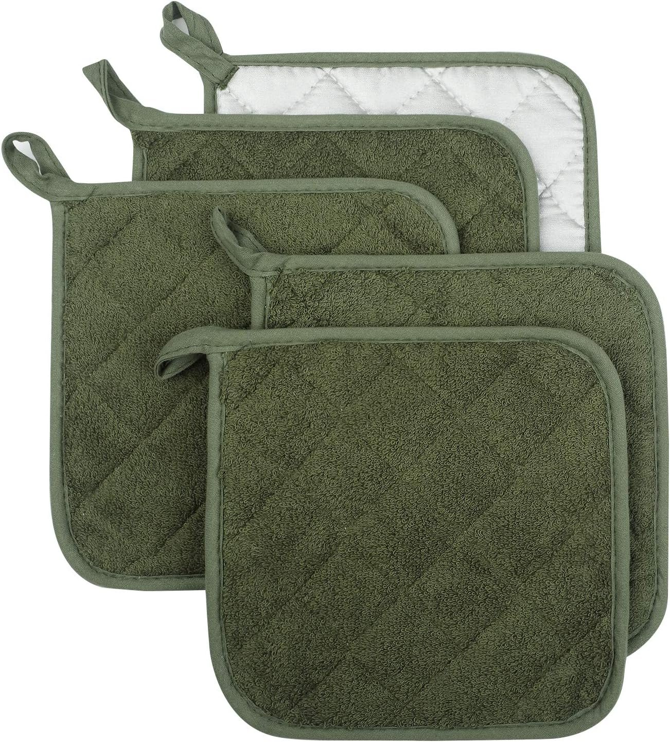 Pot Holders for Kitchen, 100% Cotton Terry Pot Holder Set of 5, Heat Resistant Hot Pads for Cooking, Baking, Hot Dishes and Countertop Protection, Olive Green