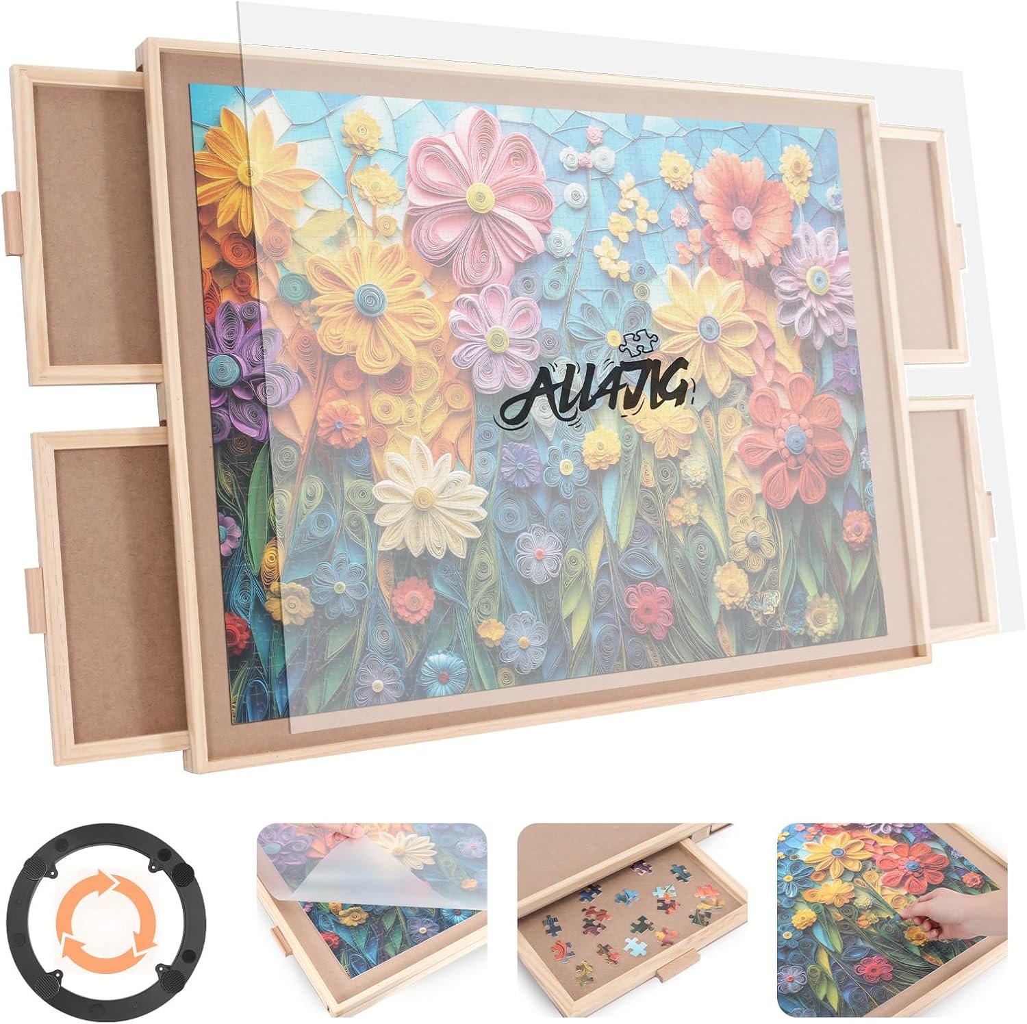 ALL4JIG 1500 Piece Rotating Puzzle Board with 4 Drawer 24.92″x33.58″Portable Wooden Jigsaw Puzzle Table for Adults,Lazy Susan Spinning Puzzle Boards Birthday Gift for mom,Surface for Lego Building