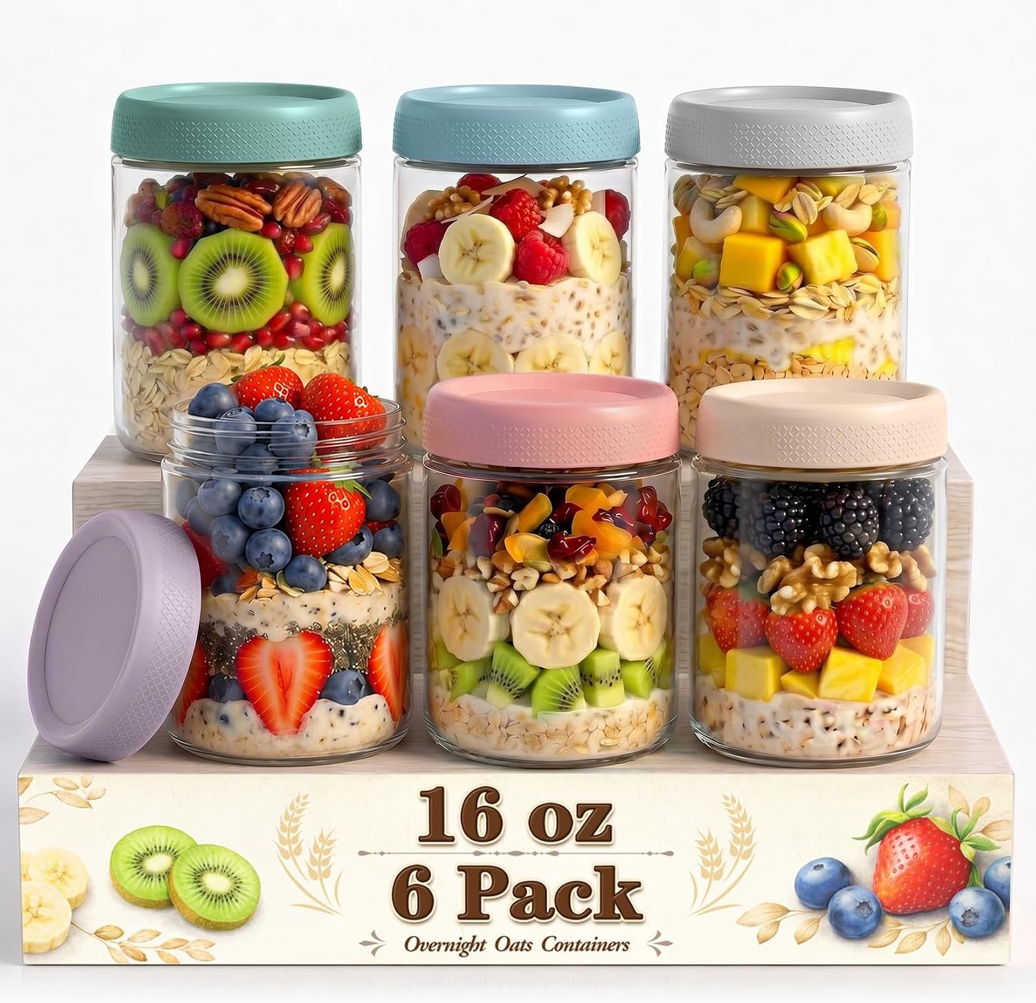 Mason Jars, 16 oz Overnight Oats Containers with Lids, Glass Jar with Lid | 6 Pack Wide Mouth Glass Mason Jars with Airtight Lids, Overnight Oats Jars for Yogurt, Meal Prep, Chia Pudding, Storage, Home