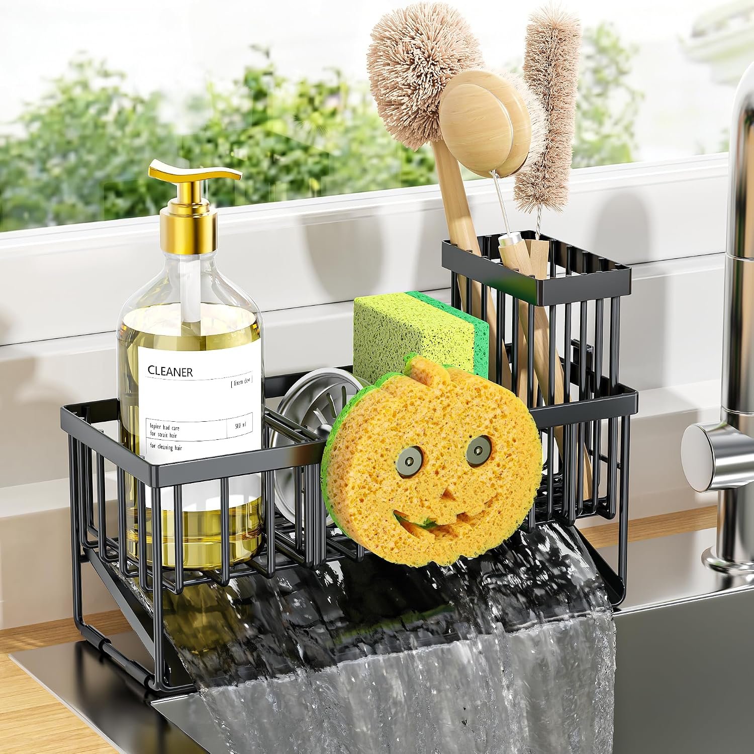 Cisily Kitchen Sink Caddy Organzier with High Brush Holder, Sponge Holder for Sink, 304 Rustproof Stainless, Kitchen Countertop Soap Dispenser Organizer (Black With Smiley Face Holder, 9.25″)