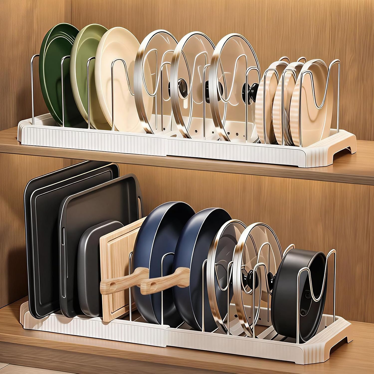 2 Pack Expandable Pots and Pans Organizer Under Cabinet, 13-22″ Kitchen Cabinet Organizer with 10 Adjustable Dividers and 10Pcs Pot Protectors for Lids, Baking Sheets & Cookware (2, White)